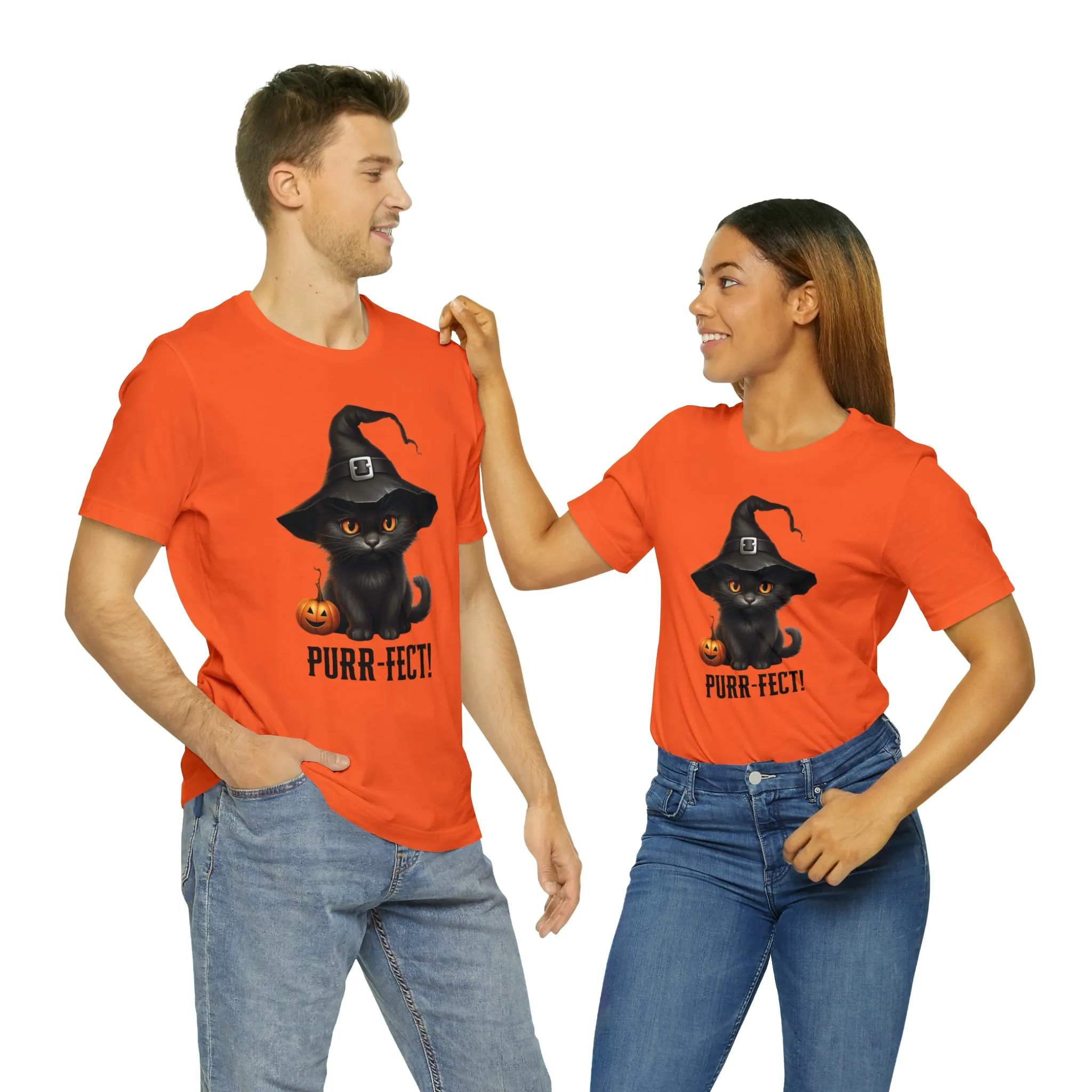 Halloween Purr-Fect Black Cat T-Shirt | Cat with Witch's Hat Tee |  Bella Canvas 3001Unisex | Funny Short Sleeve Tshirt