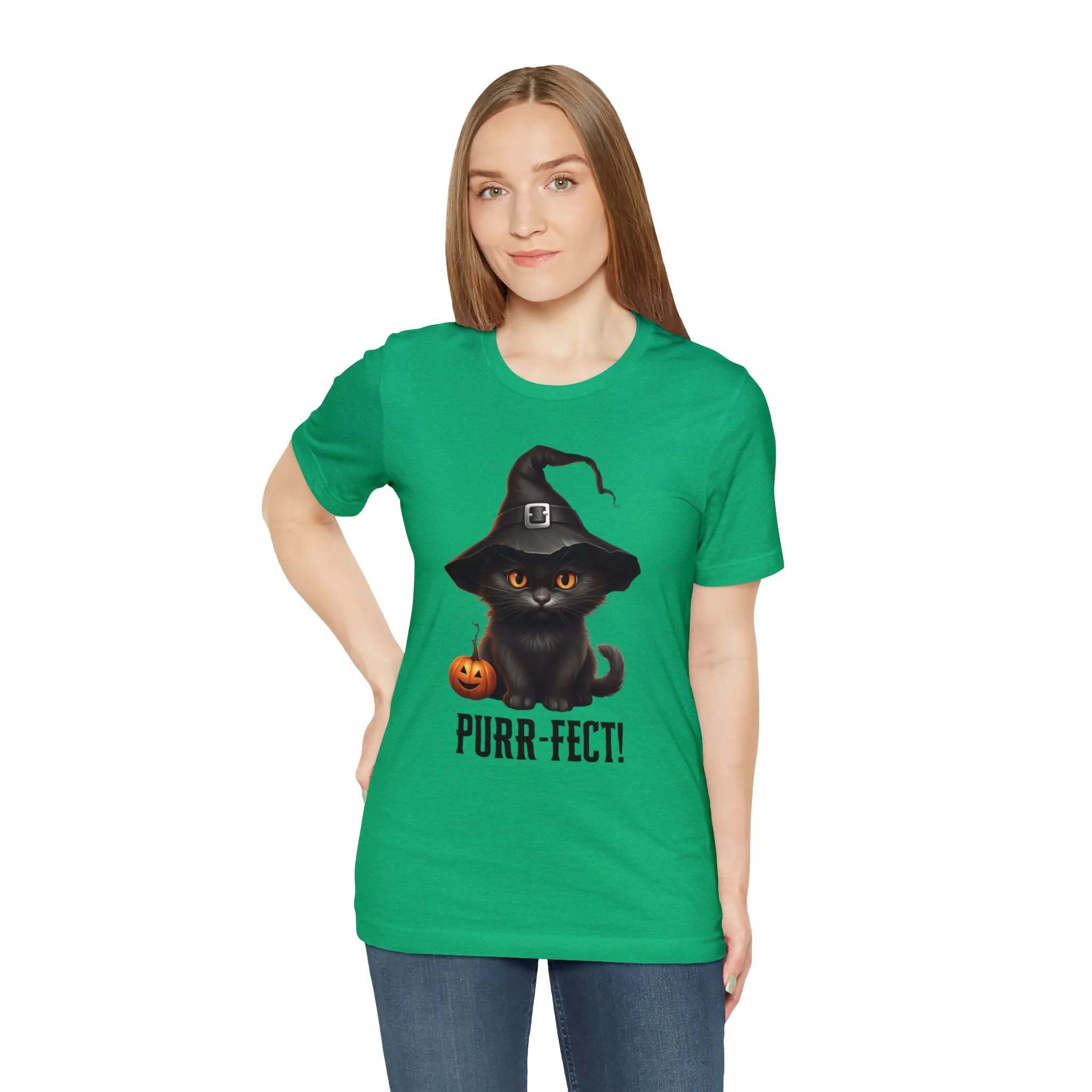 Halloween Purr-Fect Black Cat T-Shirt | Cat with Witch's Hat Tee |  Bella Canvas 3001Unisex | Funny Short Sleeve Tshirt