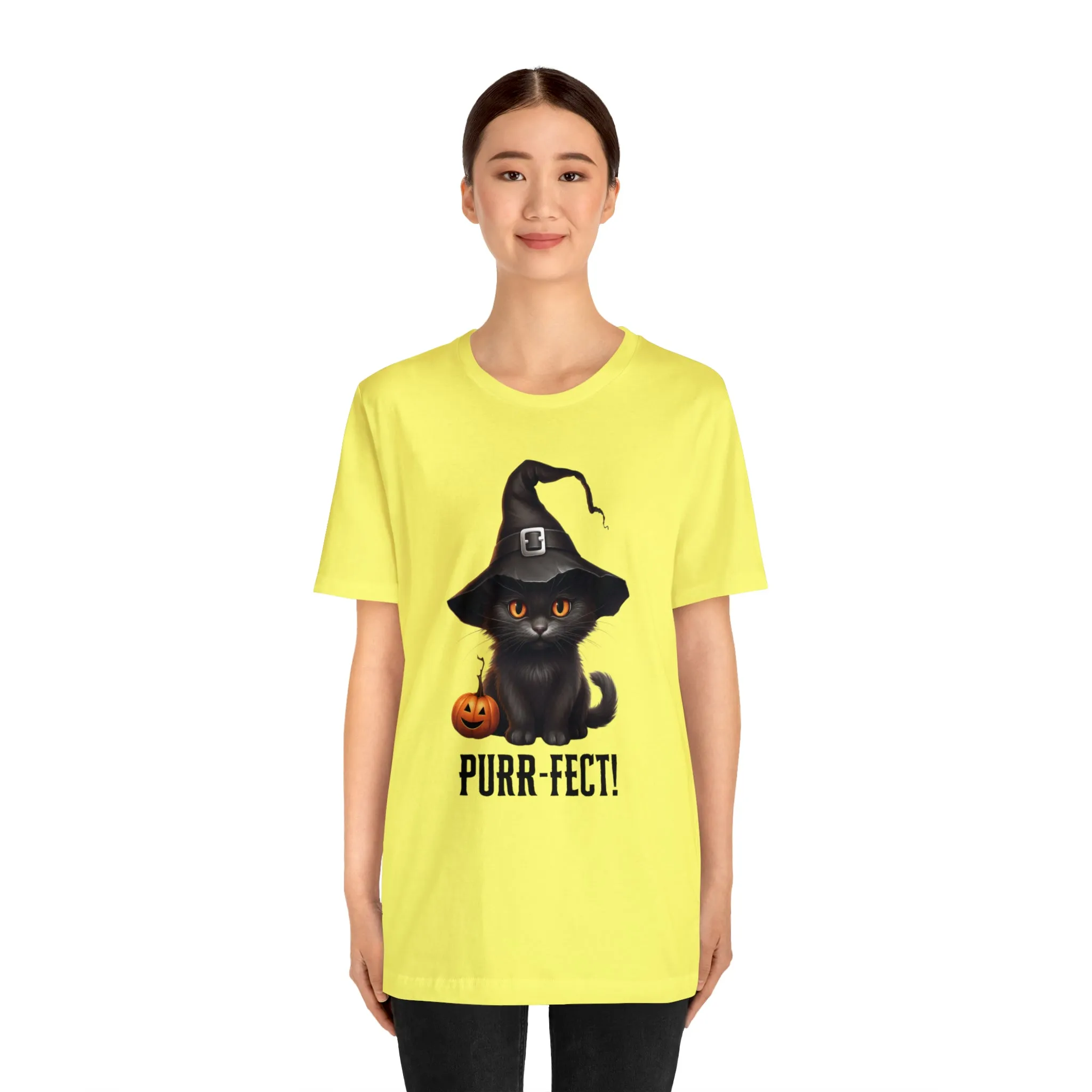 Halloween Purr-Fect Black Cat T-Shirt | Cat with Witch's Hat Tee |  Bella Canvas 3001Unisex | Funny Short Sleeve Tshirt