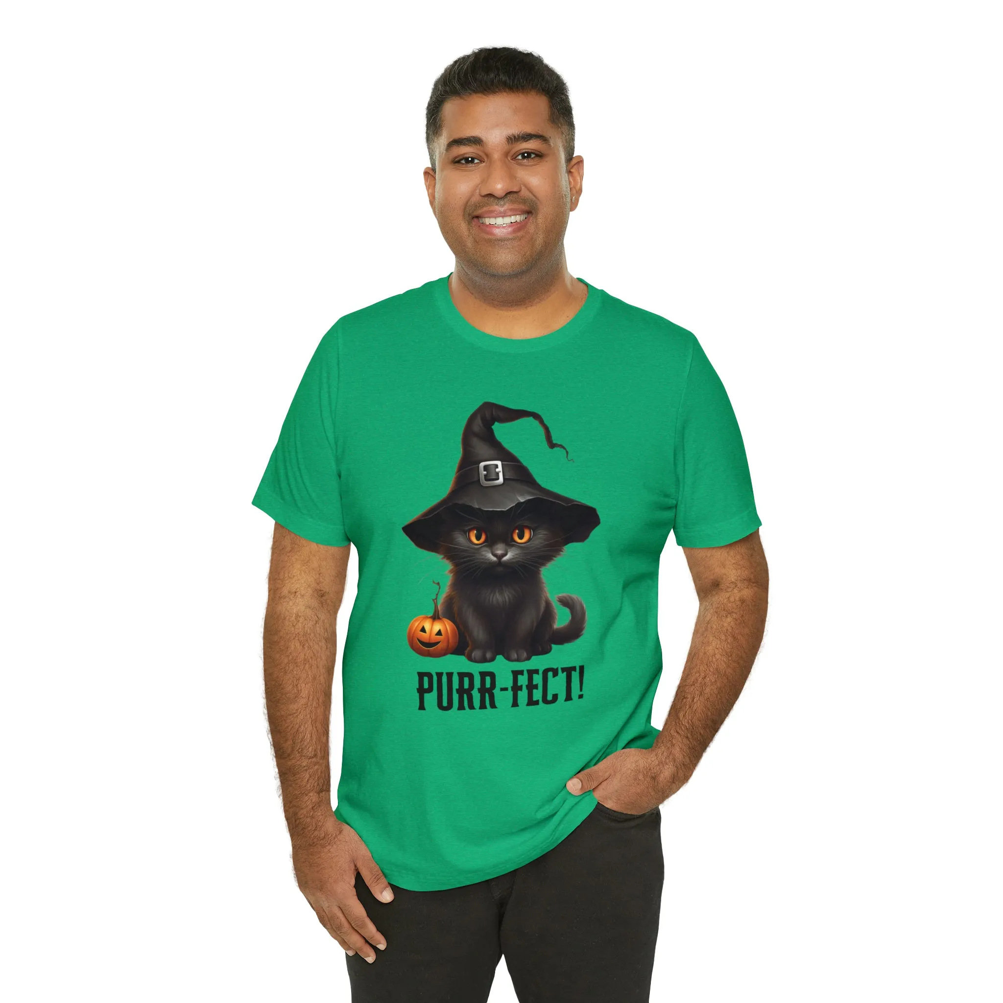 Halloween Purr-Fect Black Cat T-Shirt | Cat with Witch's Hat Tee |  Bella Canvas 3001Unisex | Funny Short Sleeve Tshirt