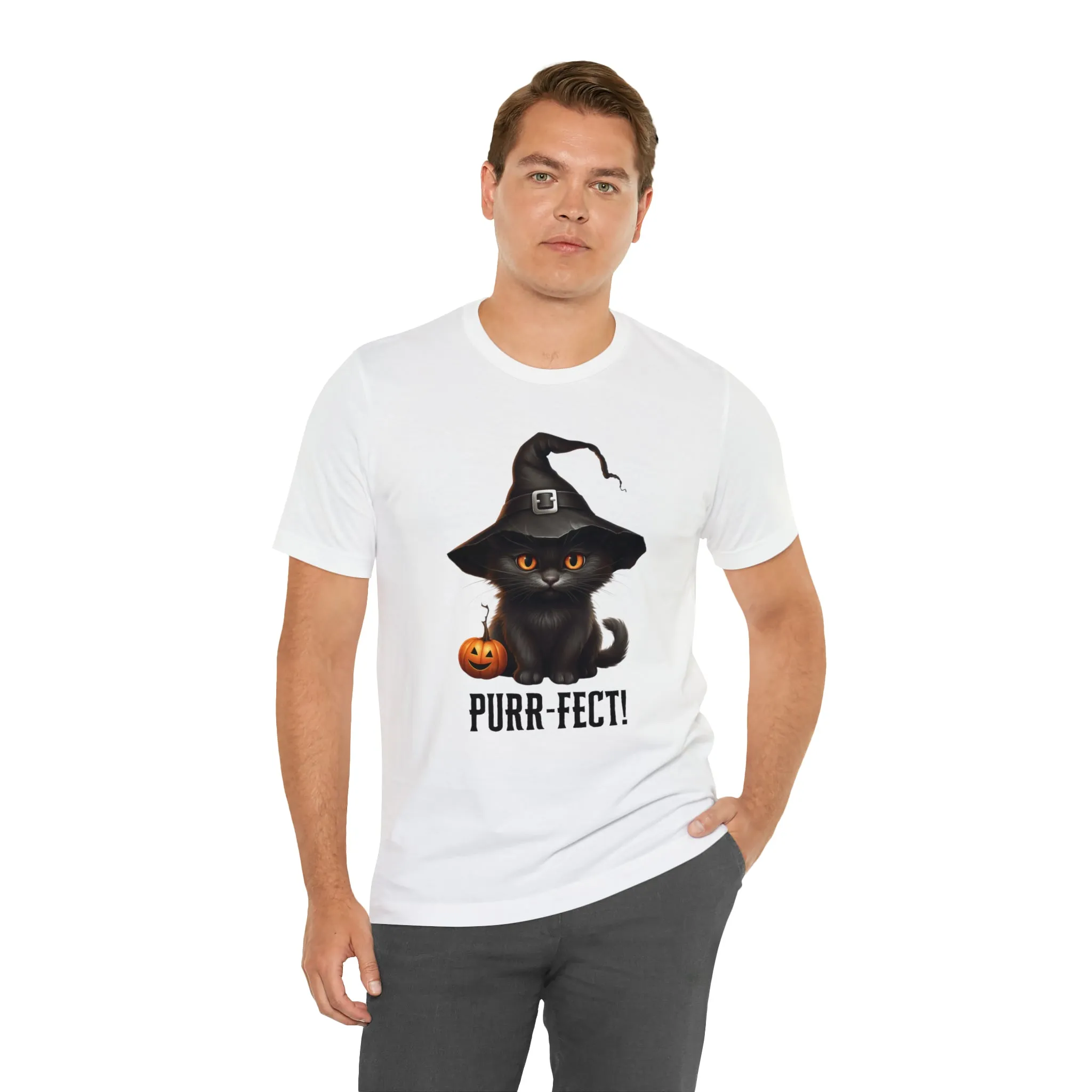 Halloween Purr-Fect Black Cat T-Shirt | Cat with Witch's Hat Tee |  Bella Canvas 3001Unisex | Funny Short Sleeve Tshirt