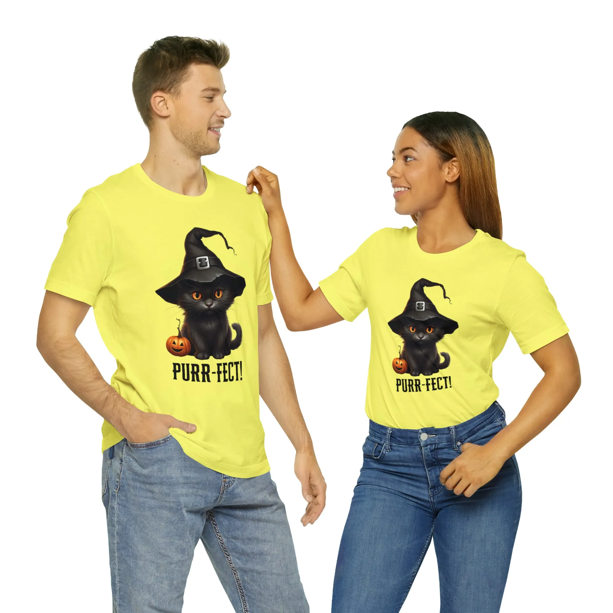 Halloween Purr-Fect Black Cat T-Shirt | Cat with Witch's Hat Tee |  Bella Canvas 3001Unisex | Funny Short Sleeve Tshirt