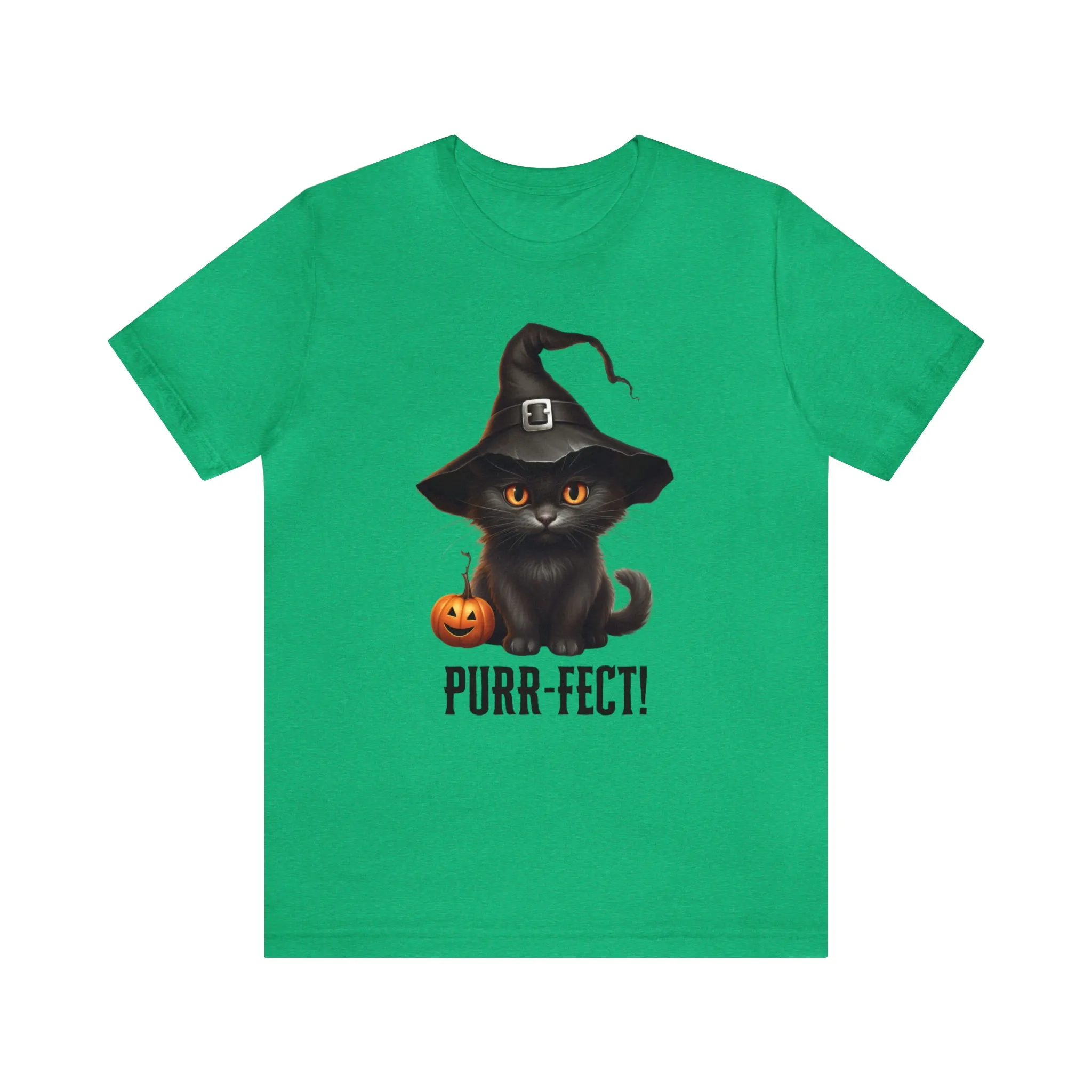 Halloween Purr-Fect Black Cat T-Shirt | Cat with Witch's Hat Tee |  Bella Canvas 3001Unisex | Funny Short Sleeve Tshirt