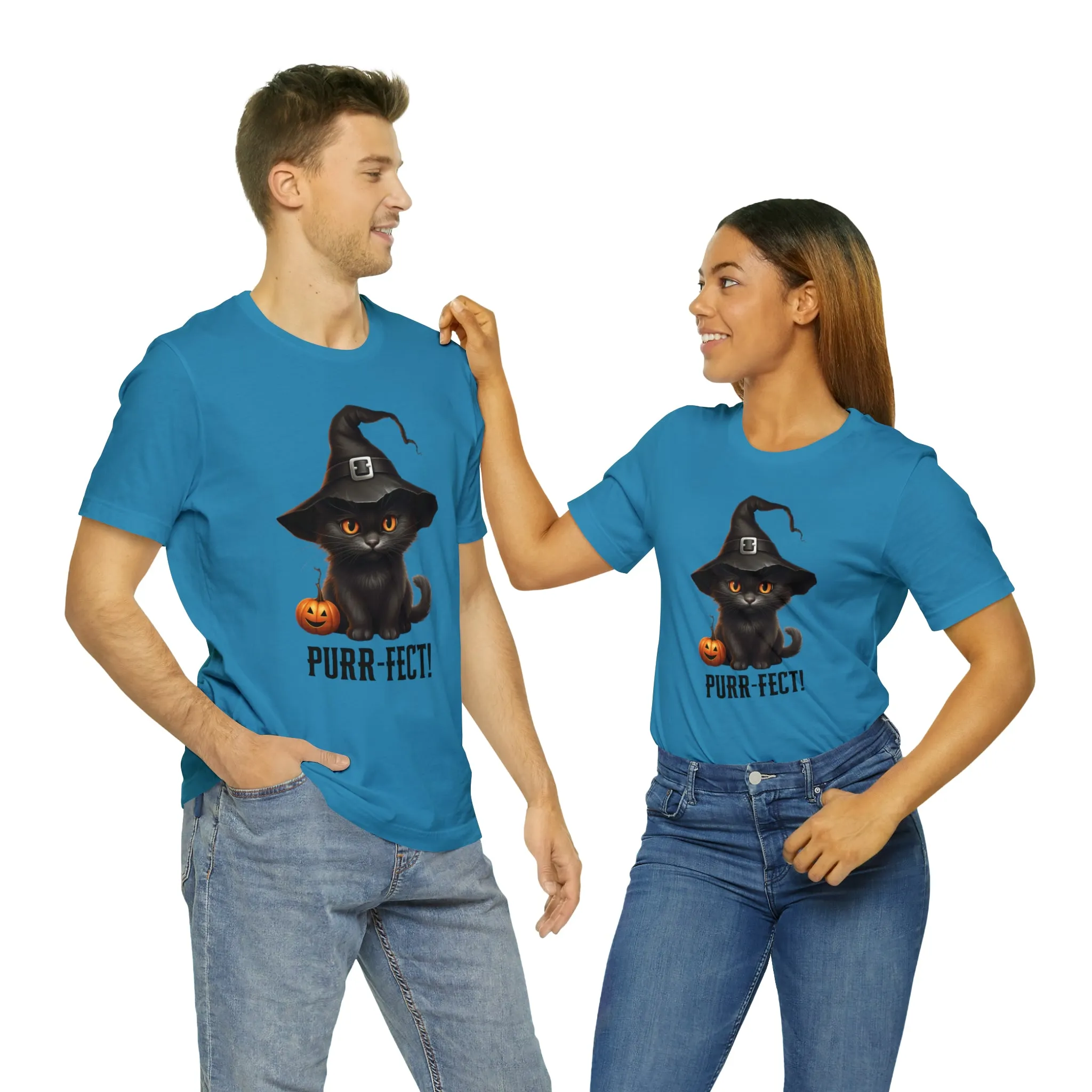 Halloween Purr-Fect Black Cat T-Shirt | Cat with Witch's Hat Tee |  Bella Canvas 3001Unisex | Funny Short Sleeve Tshirt