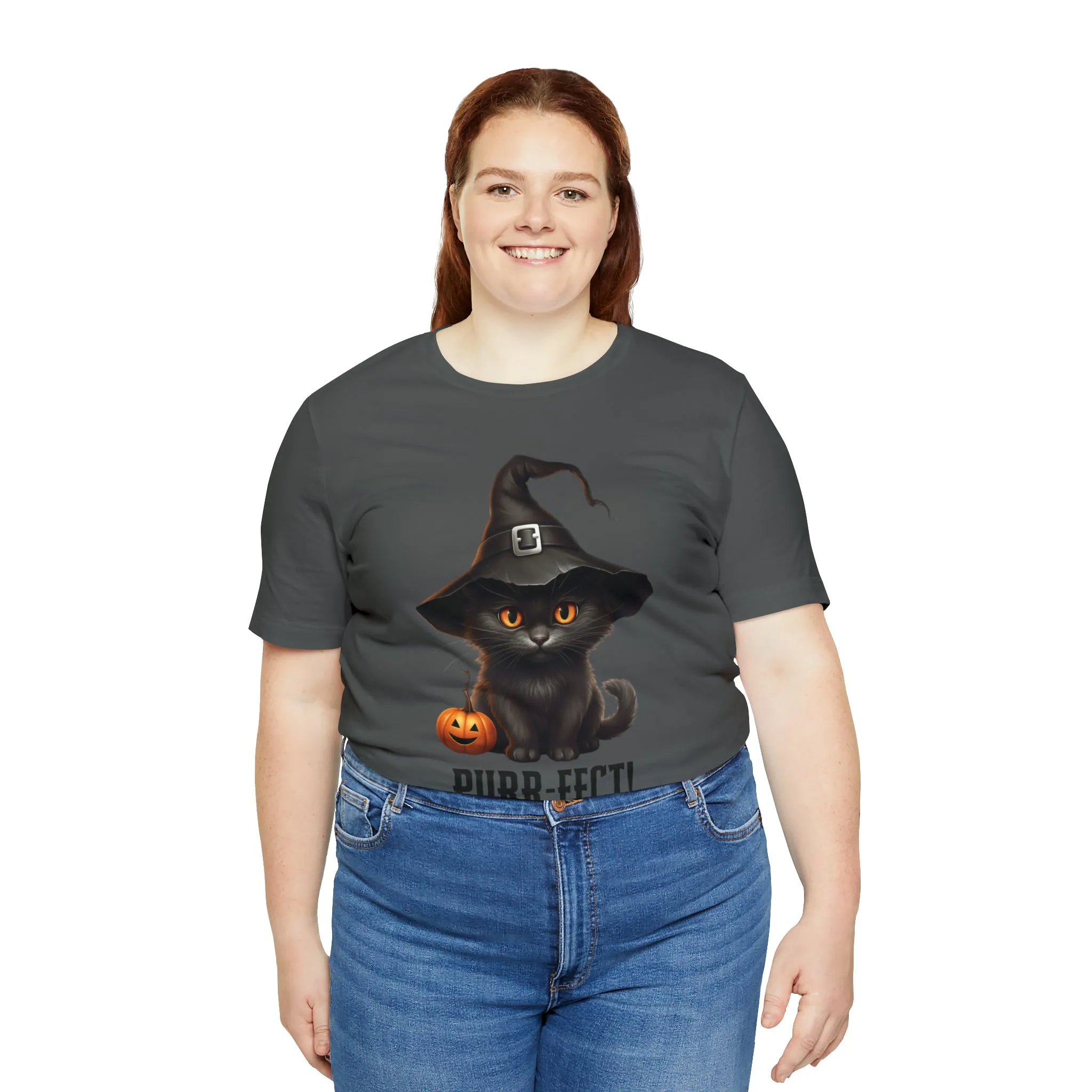 Halloween Purr-Fect Black Cat T-Shirt | Cat with Witch's Hat Tee |  Bella Canvas 3001Unisex | Funny Short Sleeve Tshirt