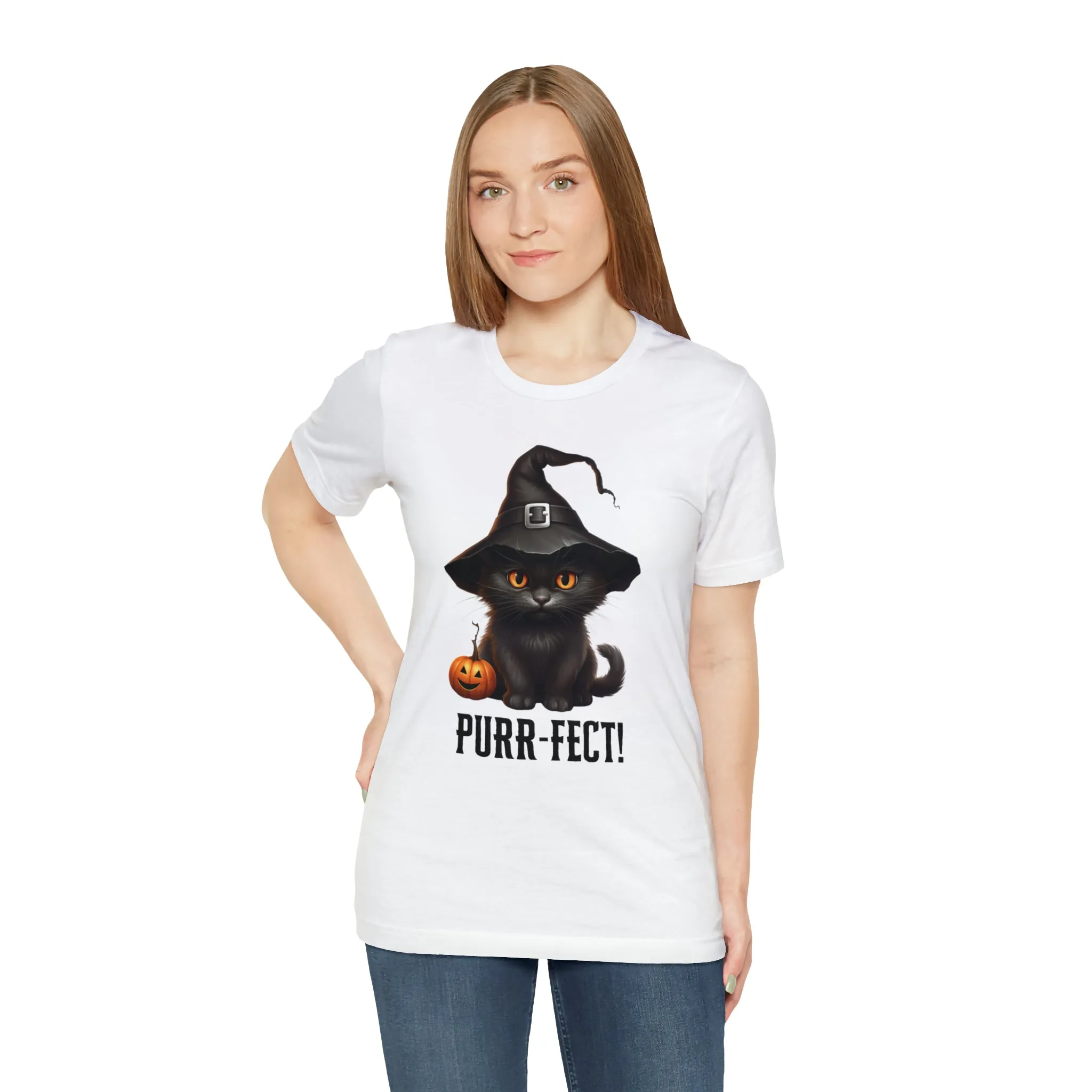 Halloween Purr-Fect Black Cat T-Shirt | Cat with Witch's Hat Tee |  Bella Canvas 3001Unisex | Funny Short Sleeve Tshirt
