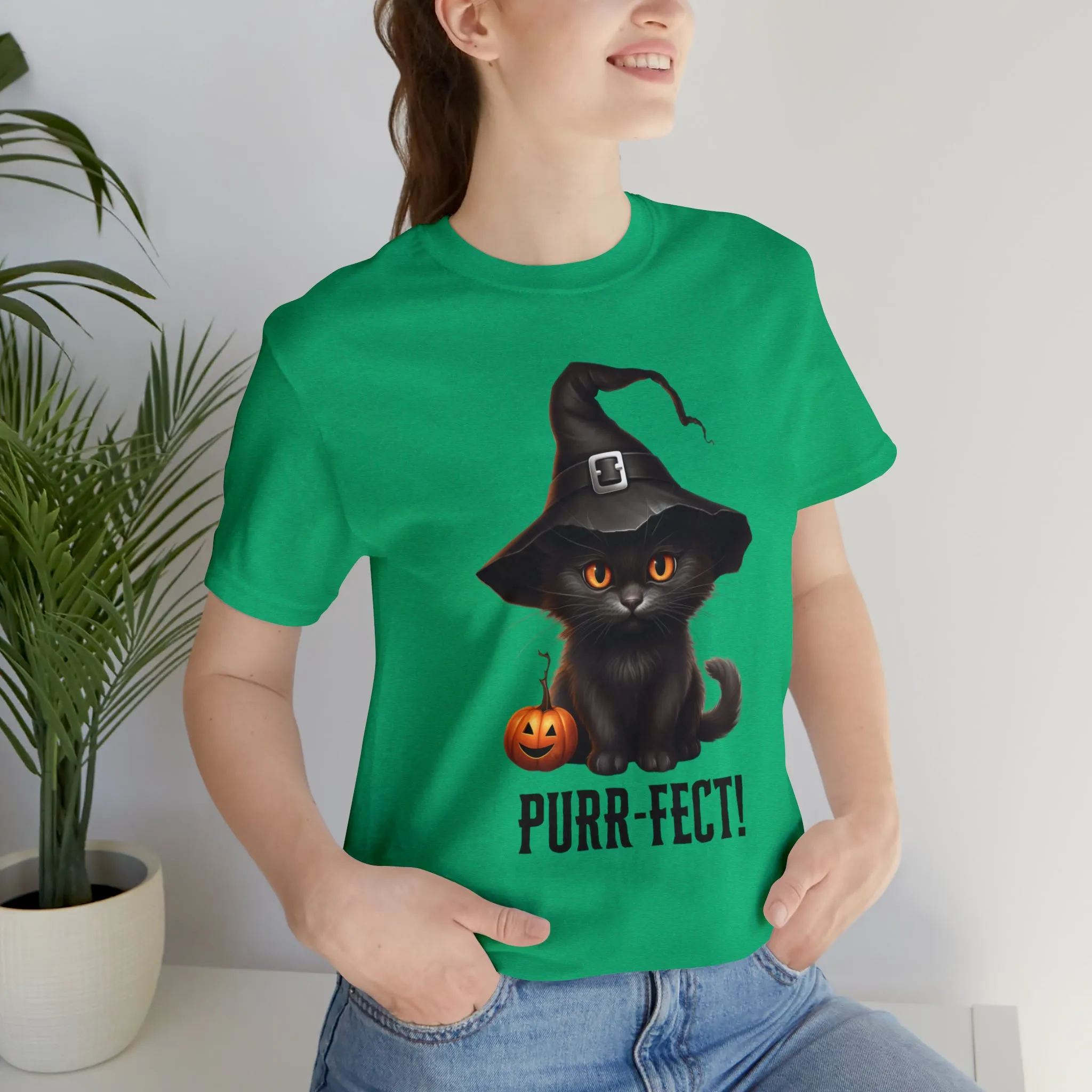 Halloween Purr-Fect Black Cat T-Shirt | Cat with Witch's Hat Tee |  Bella Canvas 3001Unisex | Funny Short Sleeve Tshirt