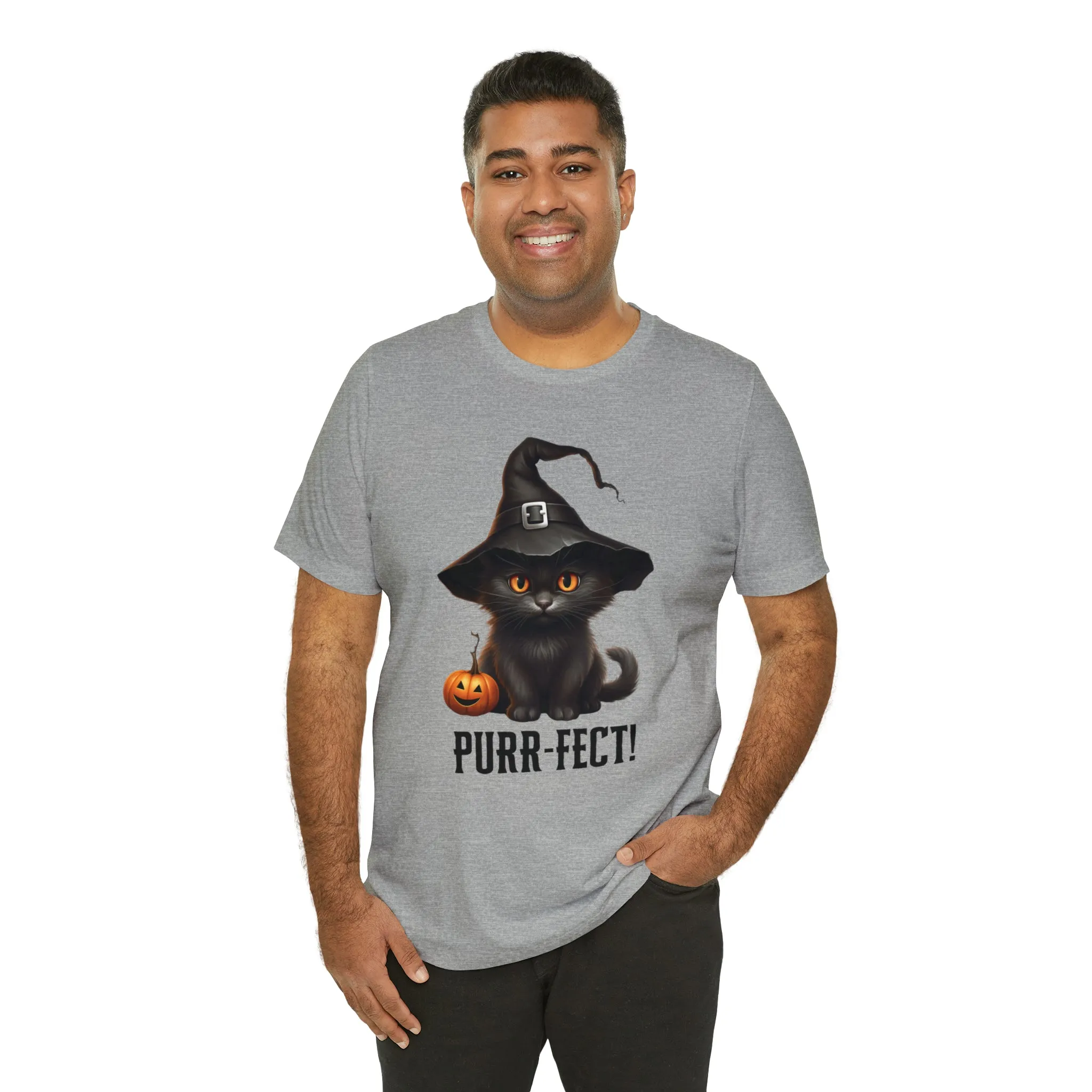 Halloween Purr-Fect Black Cat T-Shirt | Cat with Witch's Hat Tee |  Bella Canvas 3001Unisex | Funny Short Sleeve Tshirt