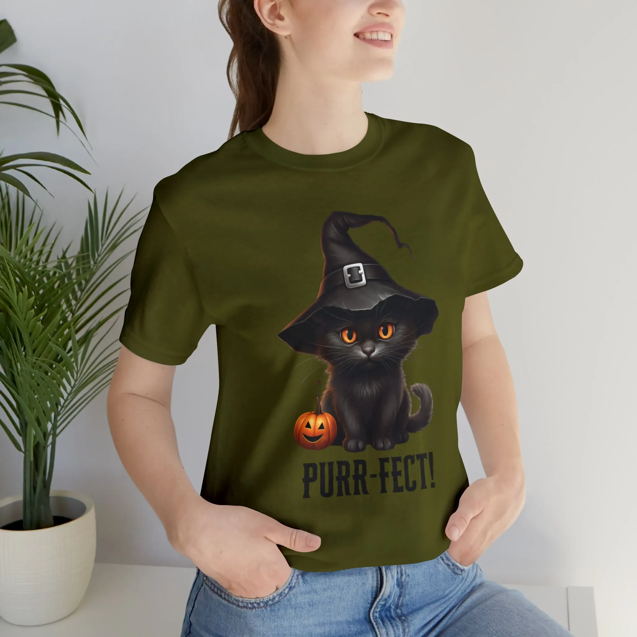 Halloween Purr-Fect Black Cat T-Shirt | Cat with Witch's Hat Tee |  Bella Canvas 3001Unisex | Funny Short Sleeve Tshirt