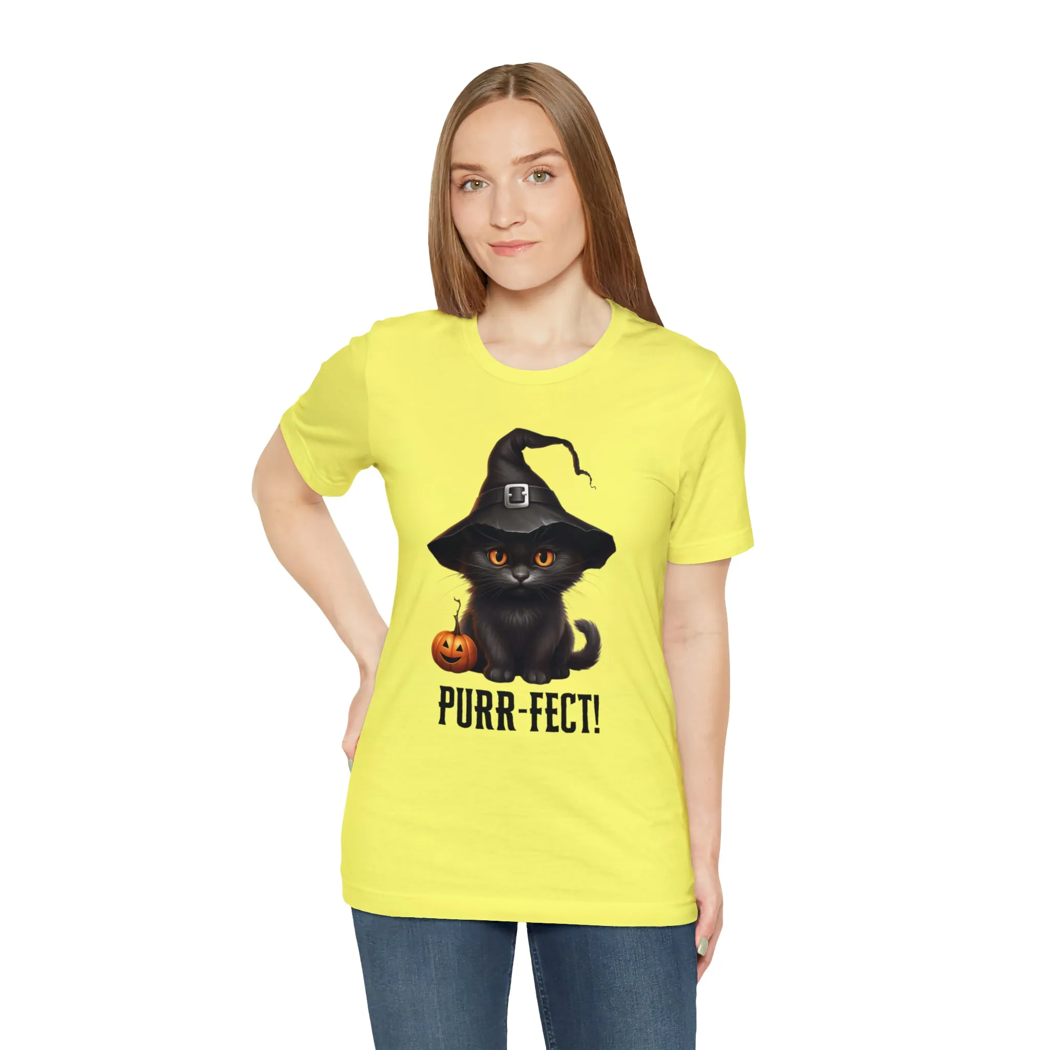 Halloween Purr-Fect Black Cat T-Shirt | Cat with Witch's Hat Tee |  Bella Canvas 3001Unisex | Funny Short Sleeve Tshirt