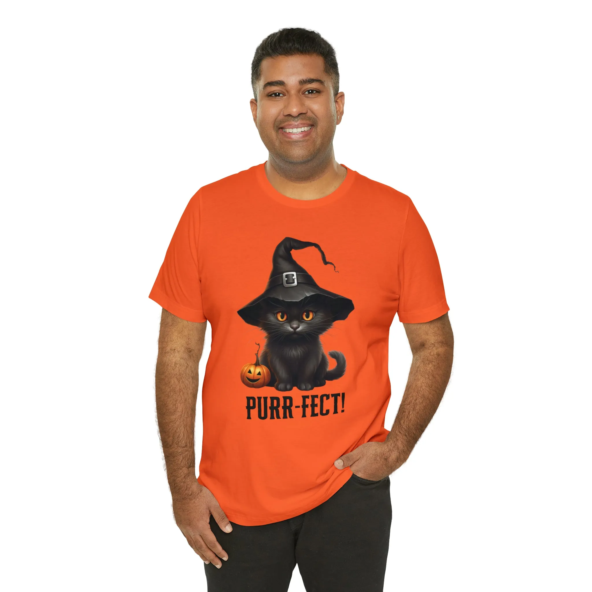 Halloween Purr-Fect Black Cat T-Shirt | Cat with Witch's Hat Tee |  Bella Canvas 3001Unisex | Funny Short Sleeve Tshirt