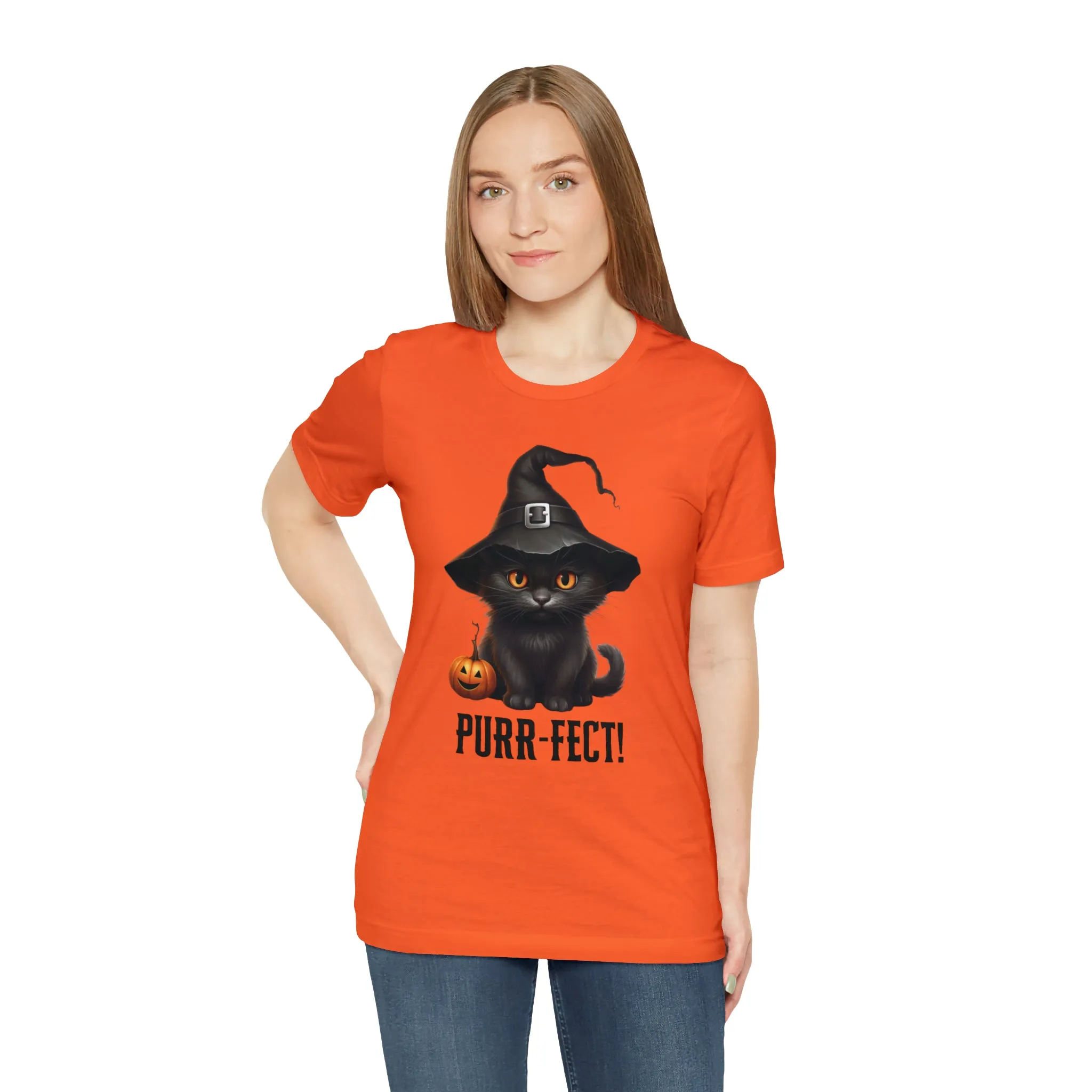 Halloween Purr-Fect Black Cat T-Shirt | Cat with Witch's Hat Tee |  Bella Canvas 3001Unisex | Funny Short Sleeve Tshirt