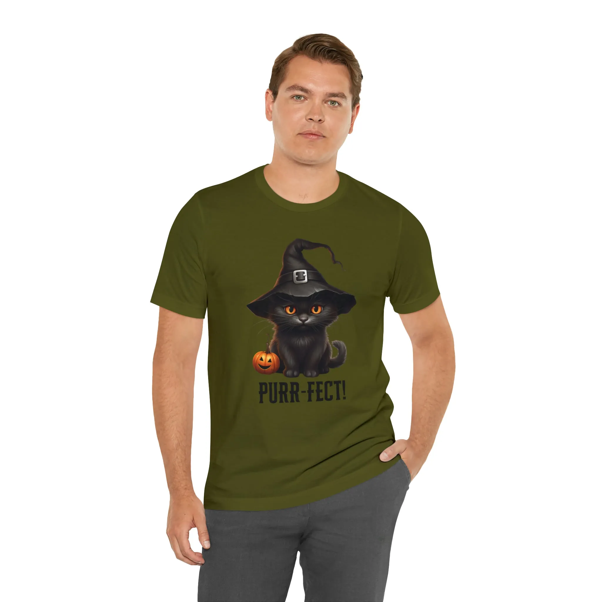 Halloween Purr-Fect Black Cat T-Shirt | Cat with Witch's Hat Tee |  Bella Canvas 3001Unisex | Funny Short Sleeve Tshirt