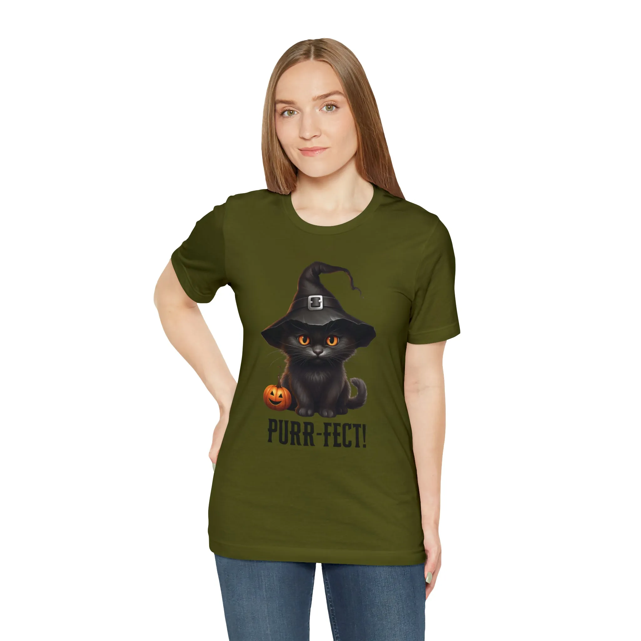 Halloween Purr-Fect Black Cat T-Shirt | Cat with Witch's Hat Tee |  Bella Canvas 3001Unisex | Funny Short Sleeve Tshirt
