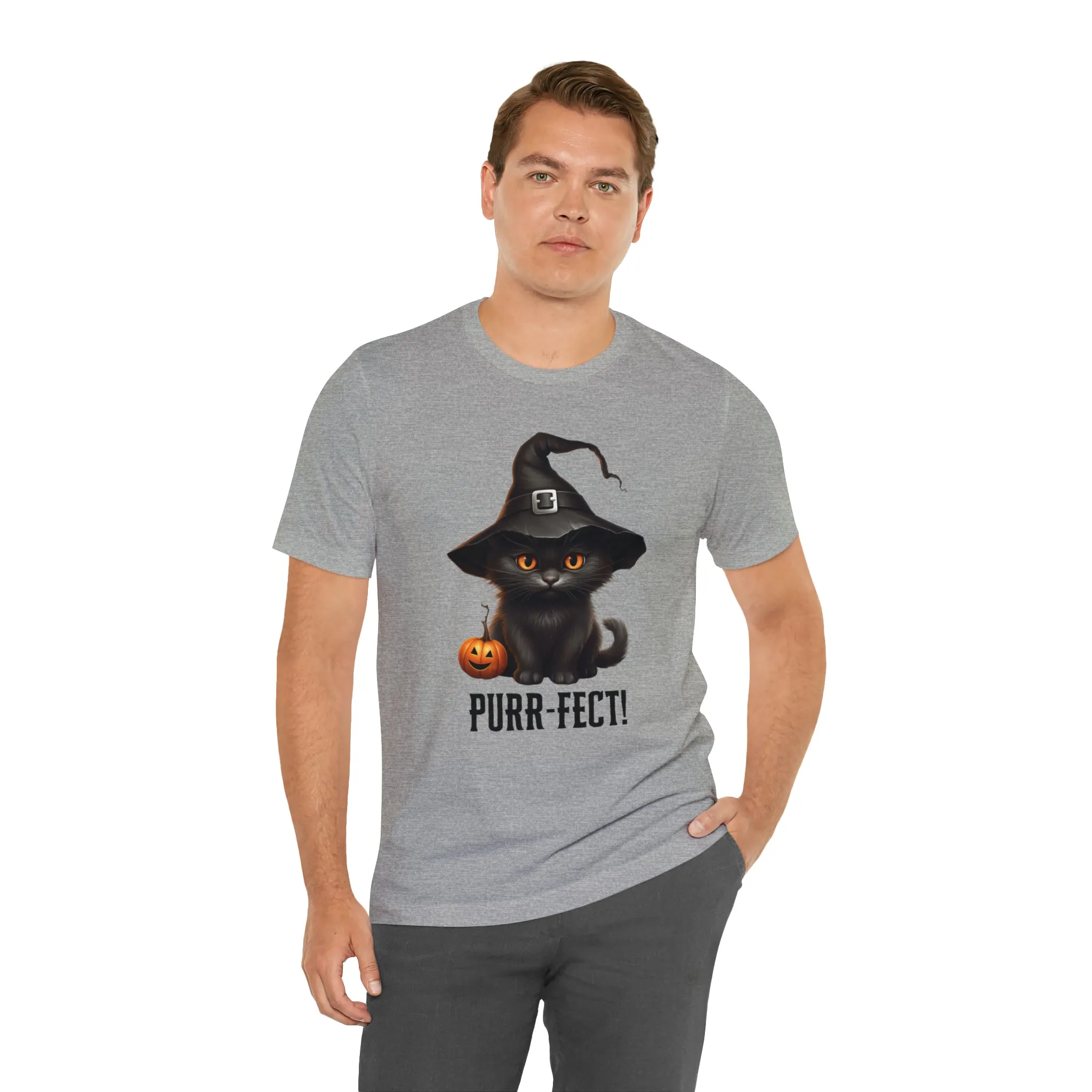 Halloween Purr-Fect Black Cat T-Shirt | Cat with Witch's Hat Tee |  Bella Canvas 3001Unisex | Funny Short Sleeve Tshirt