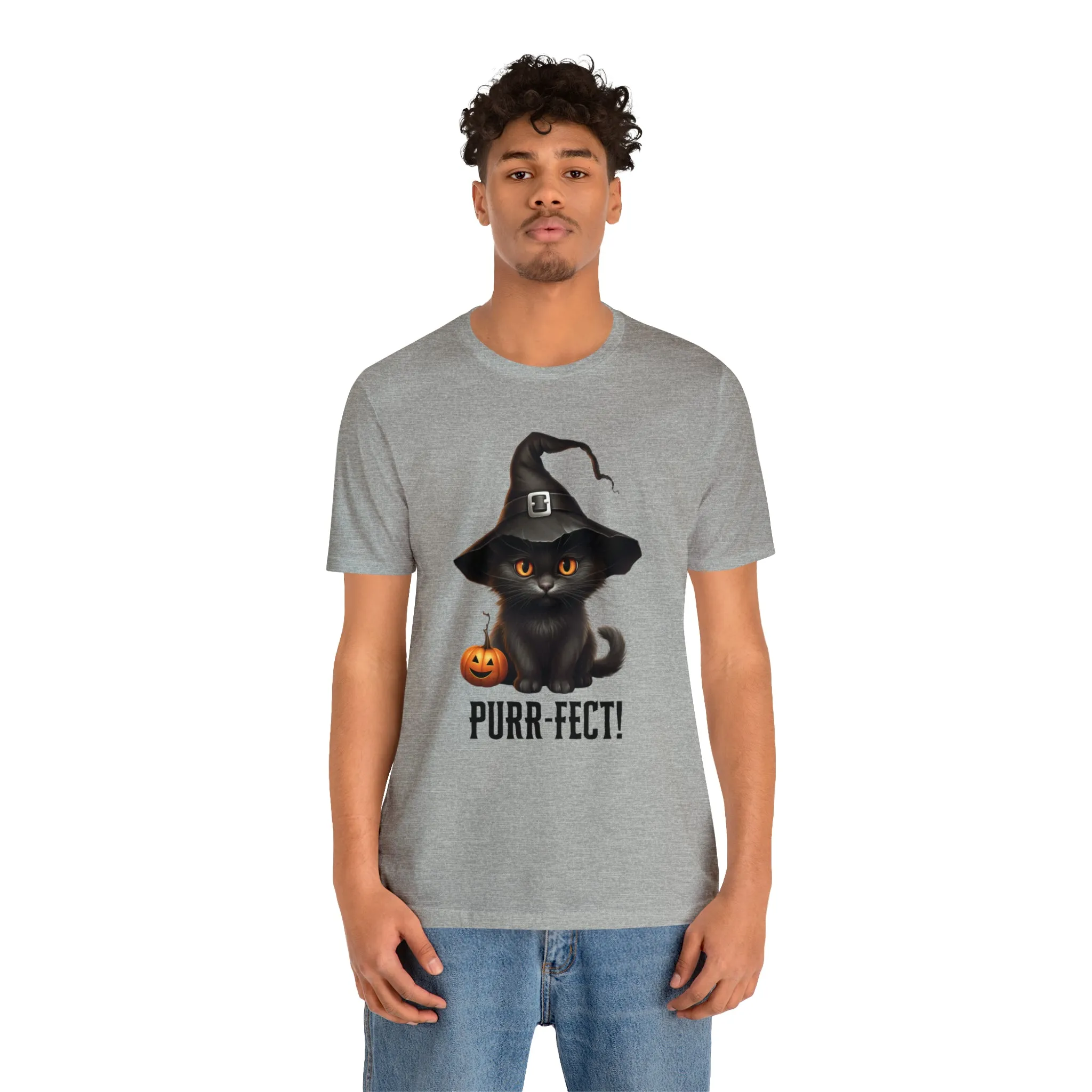 Halloween Purr-Fect Black Cat T-Shirt | Cat with Witch's Hat Tee |  Bella Canvas 3001Unisex | Funny Short Sleeve Tshirt