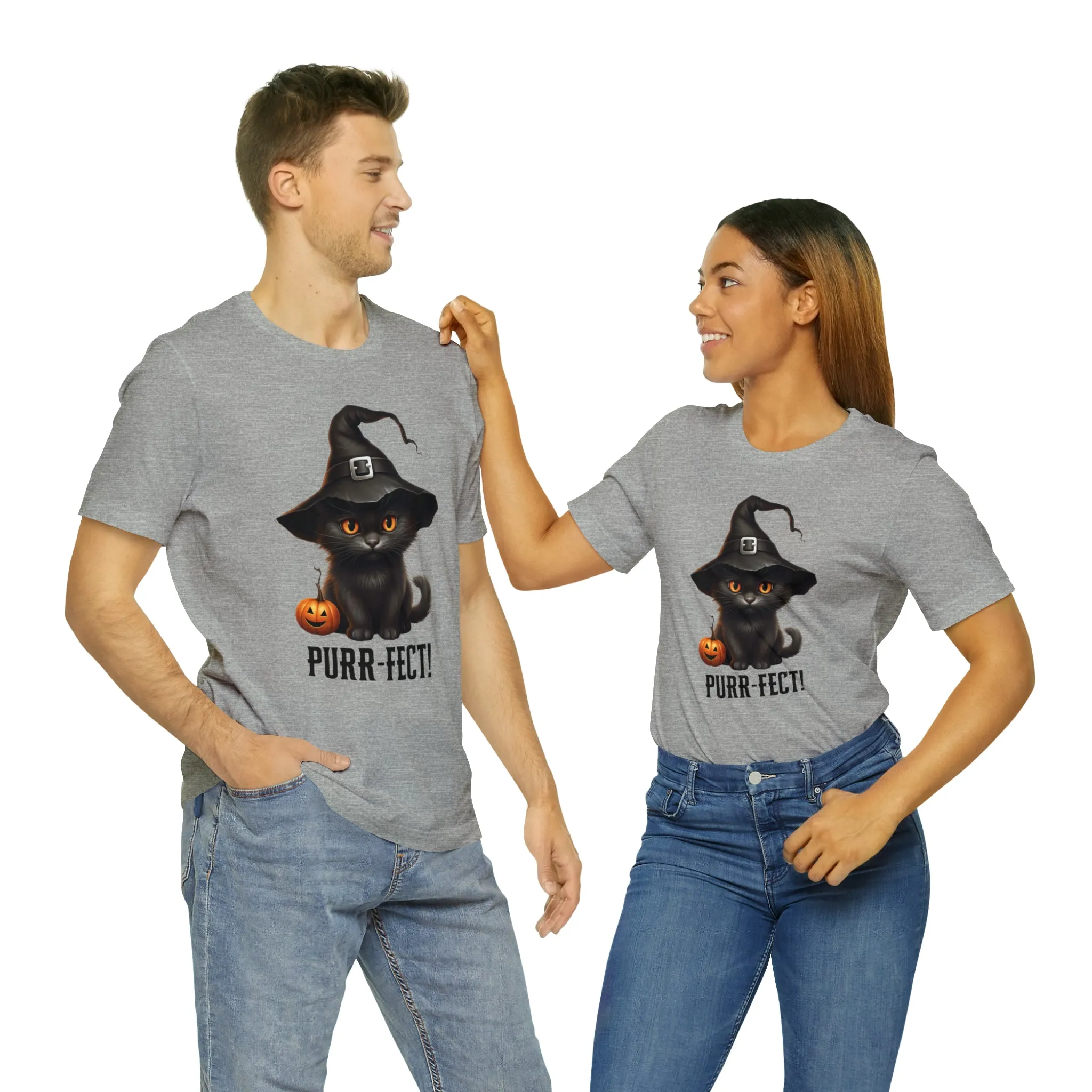 Halloween Purr-Fect Black Cat T-Shirt | Cat with Witch's Hat Tee |  Bella Canvas 3001Unisex | Funny Short Sleeve Tshirt