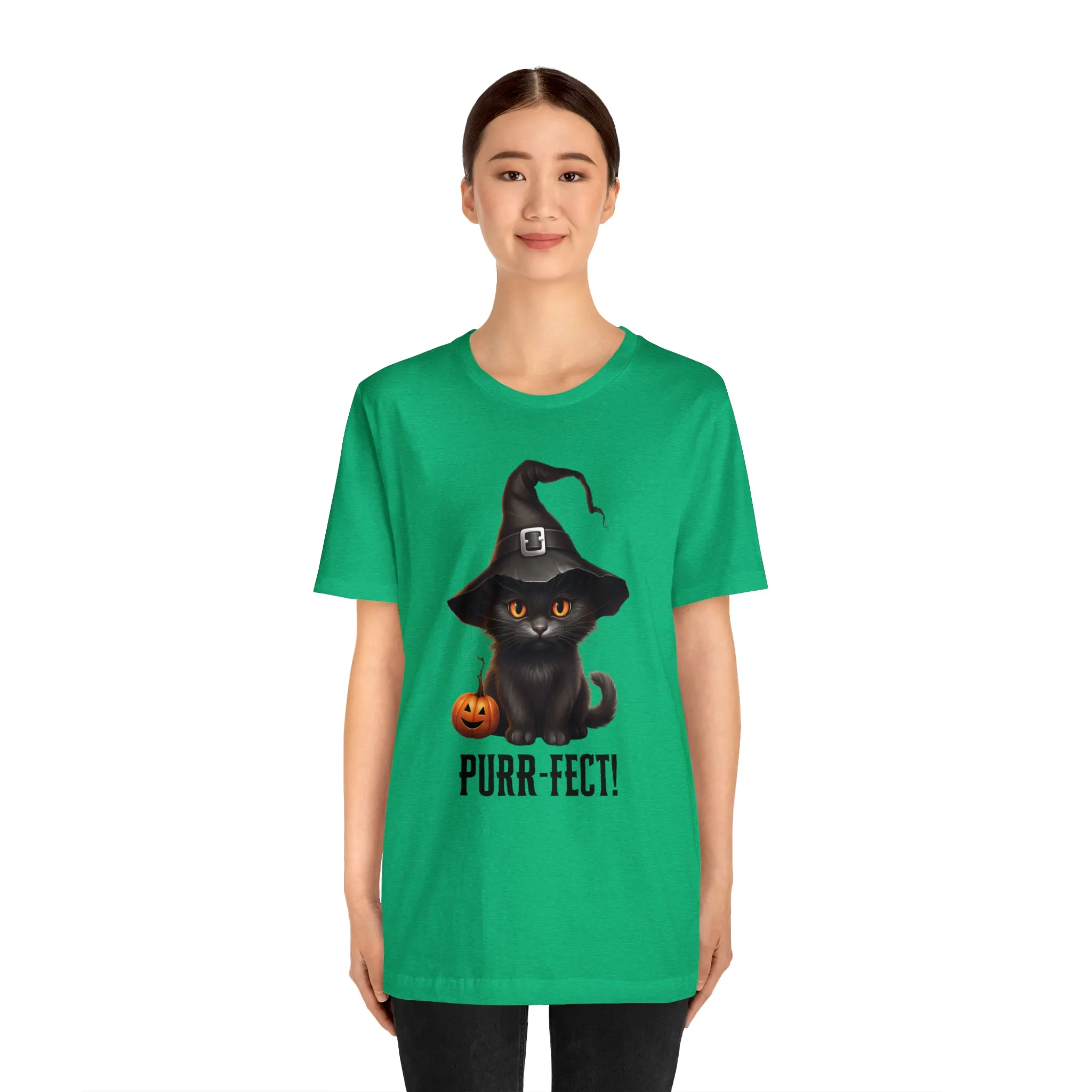Halloween Purr-Fect Black Cat T-Shirt | Cat with Witch's Hat Tee |  Bella Canvas 3001Unisex | Funny Short Sleeve Tshirt