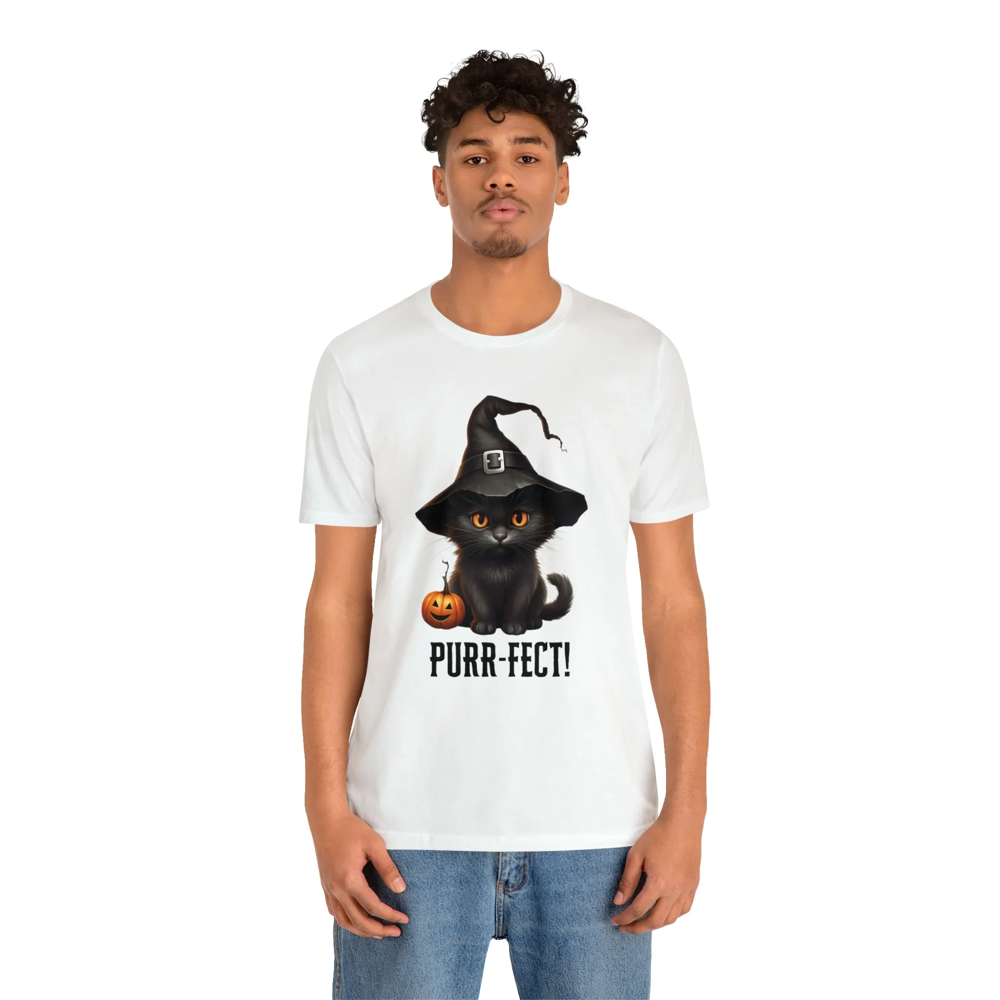 Halloween Purr-Fect Black Cat T-Shirt | Cat with Witch's Hat Tee |  Bella Canvas 3001Unisex | Funny Short Sleeve Tshirt