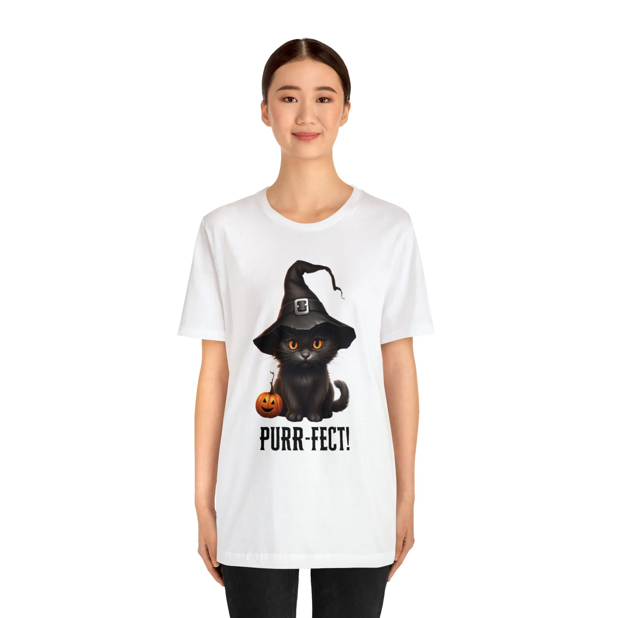 Halloween Purr-Fect Black Cat T-Shirt | Cat with Witch's Hat Tee |  Bella Canvas 3001Unisex | Funny Short Sleeve Tshirt