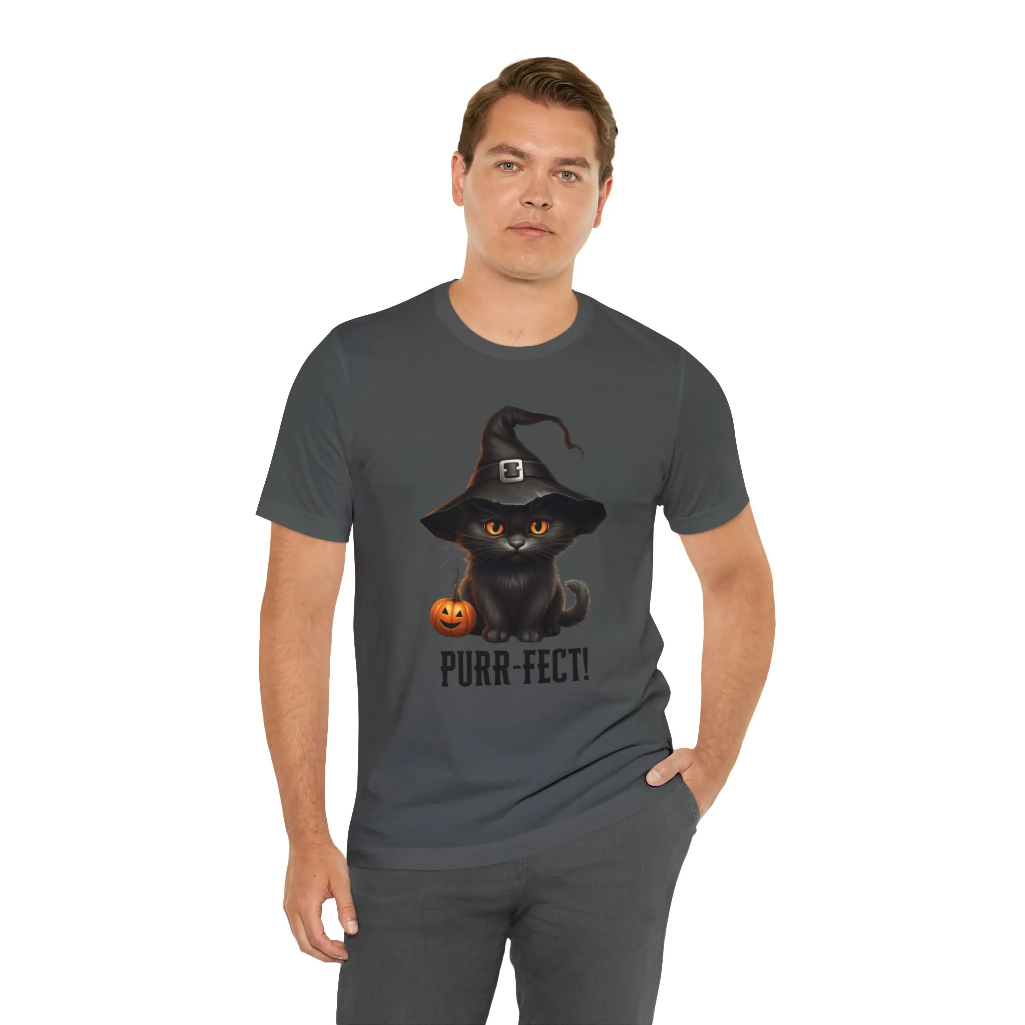 Halloween Purr-Fect Black Cat T-Shirt | Cat with Witch's Hat Tee |  Bella Canvas 3001Unisex | Funny Short Sleeve Tshirt