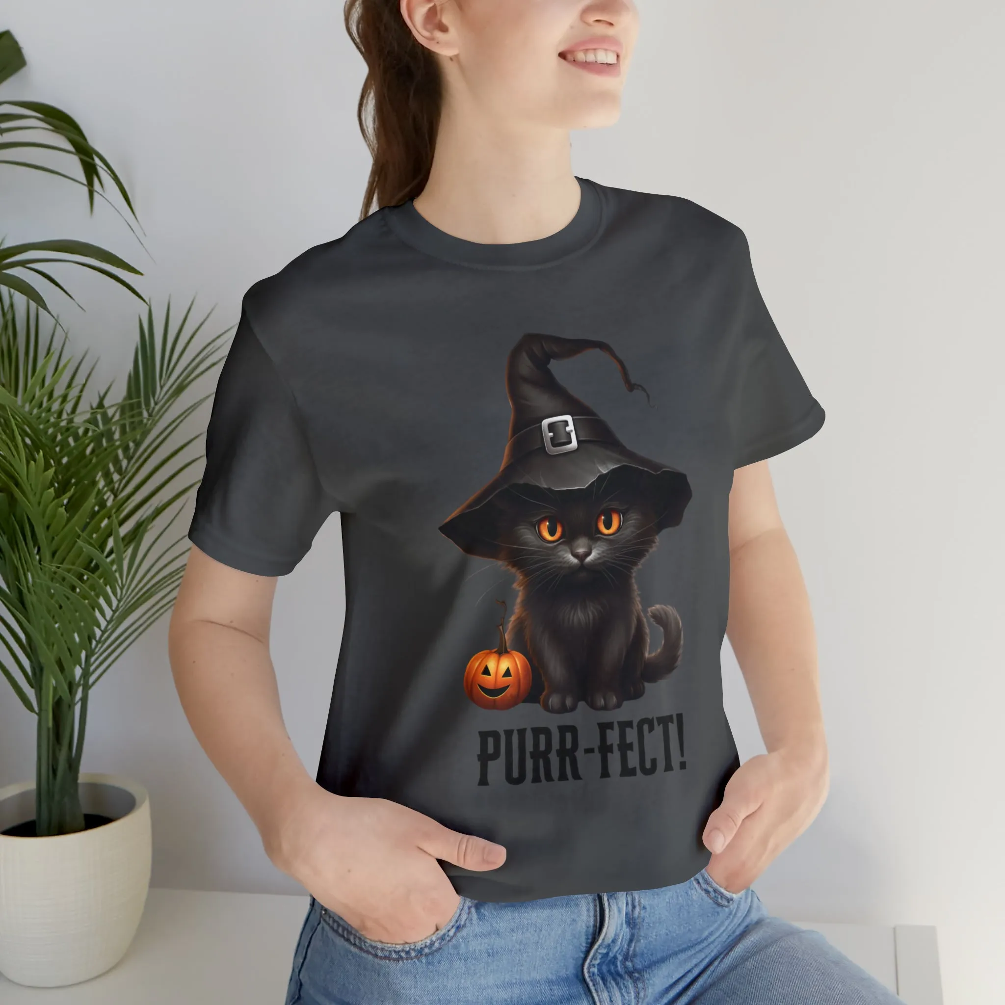 Halloween Purr-Fect Black Cat T-Shirt | Cat with Witch's Hat Tee |  Bella Canvas 3001Unisex | Funny Short Sleeve Tshirt