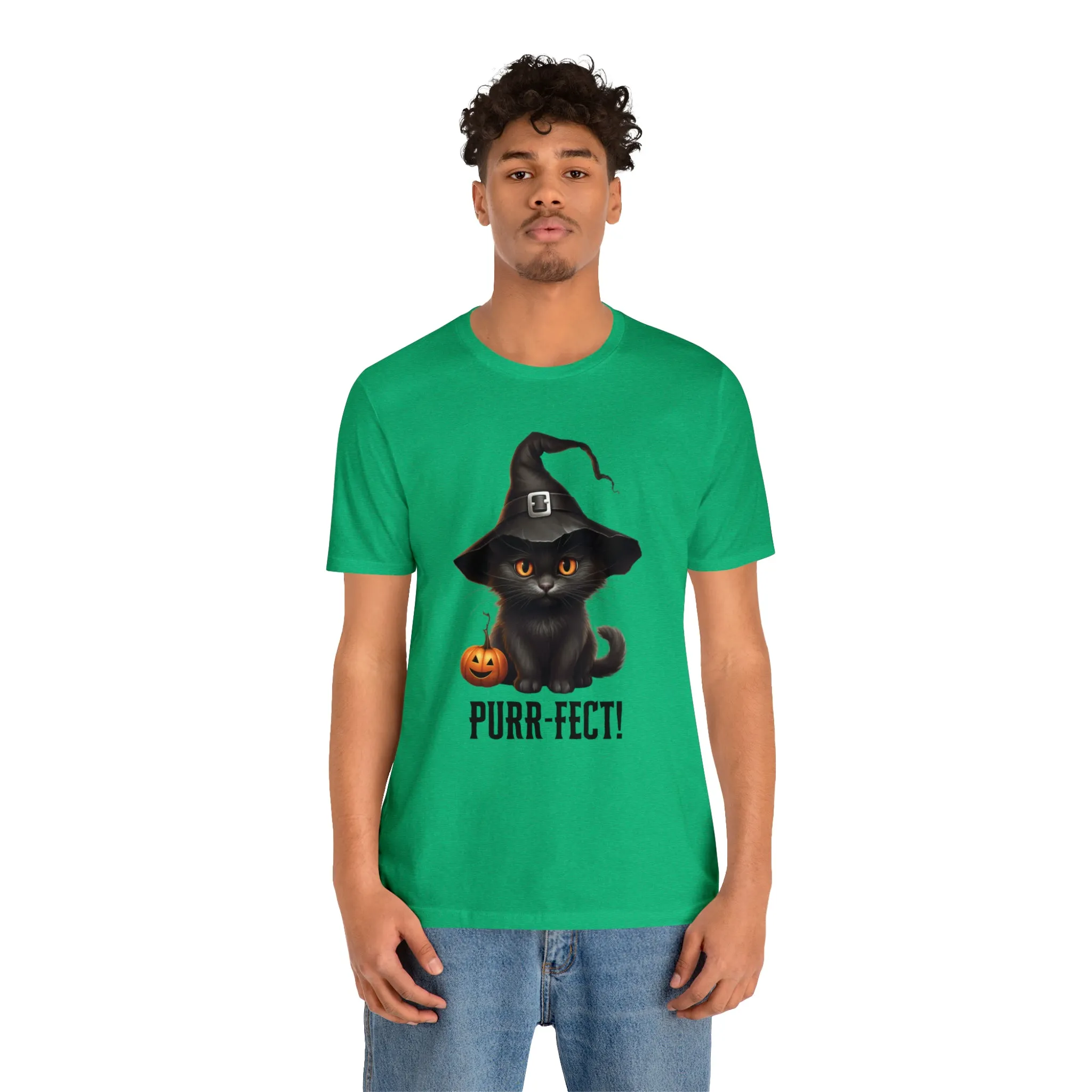 Halloween Purr-Fect Black Cat T-Shirt | Cat with Witch's Hat Tee |  Bella Canvas 3001Unisex | Funny Short Sleeve Tshirt