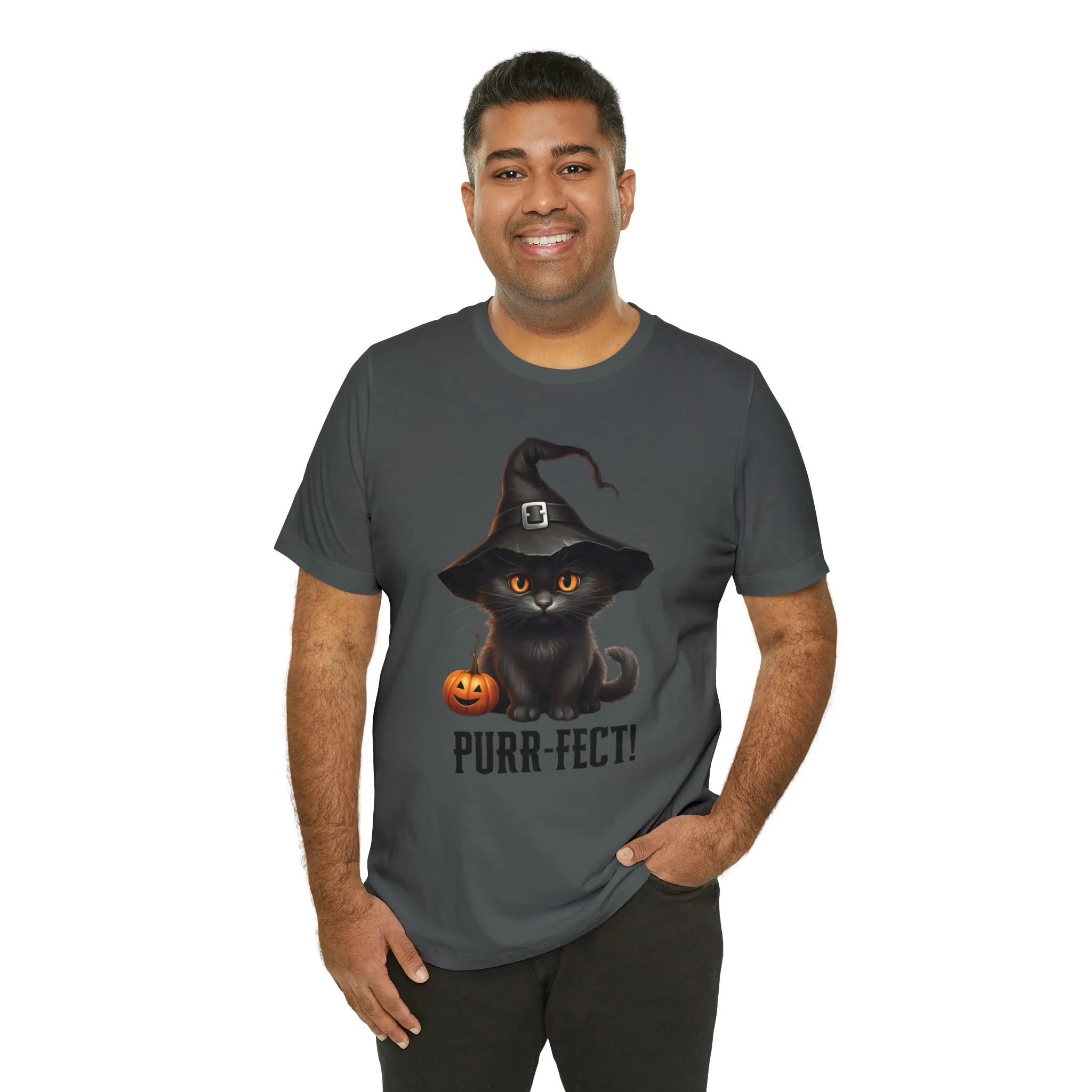 Halloween Purr-Fect Black Cat T-Shirt | Cat with Witch's Hat Tee |  Bella Canvas 3001Unisex | Funny Short Sleeve Tshirt