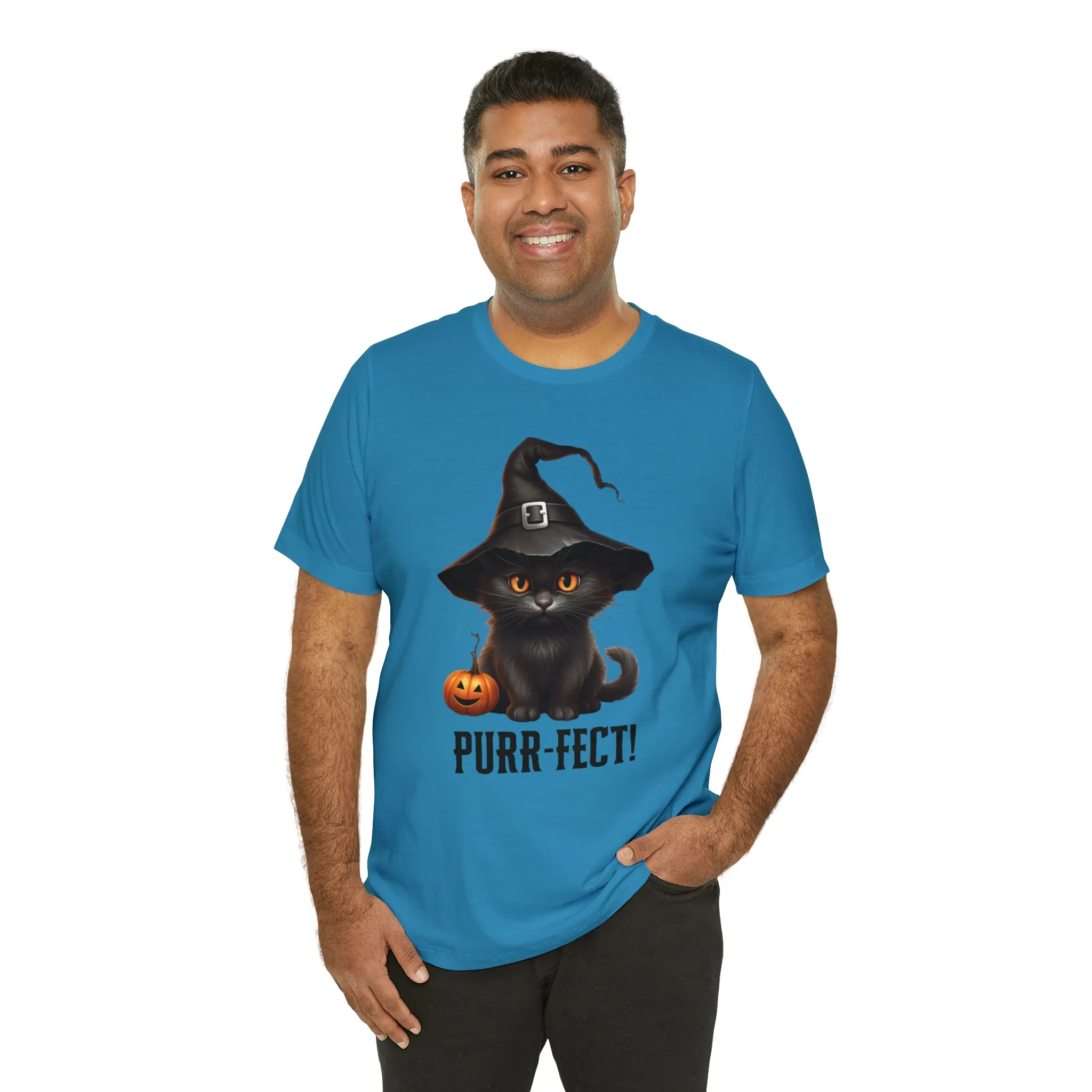 Halloween Purr-Fect Black Cat T-Shirt | Cat with Witch's Hat Tee |  Bella Canvas 3001Unisex | Funny Short Sleeve Tshirt