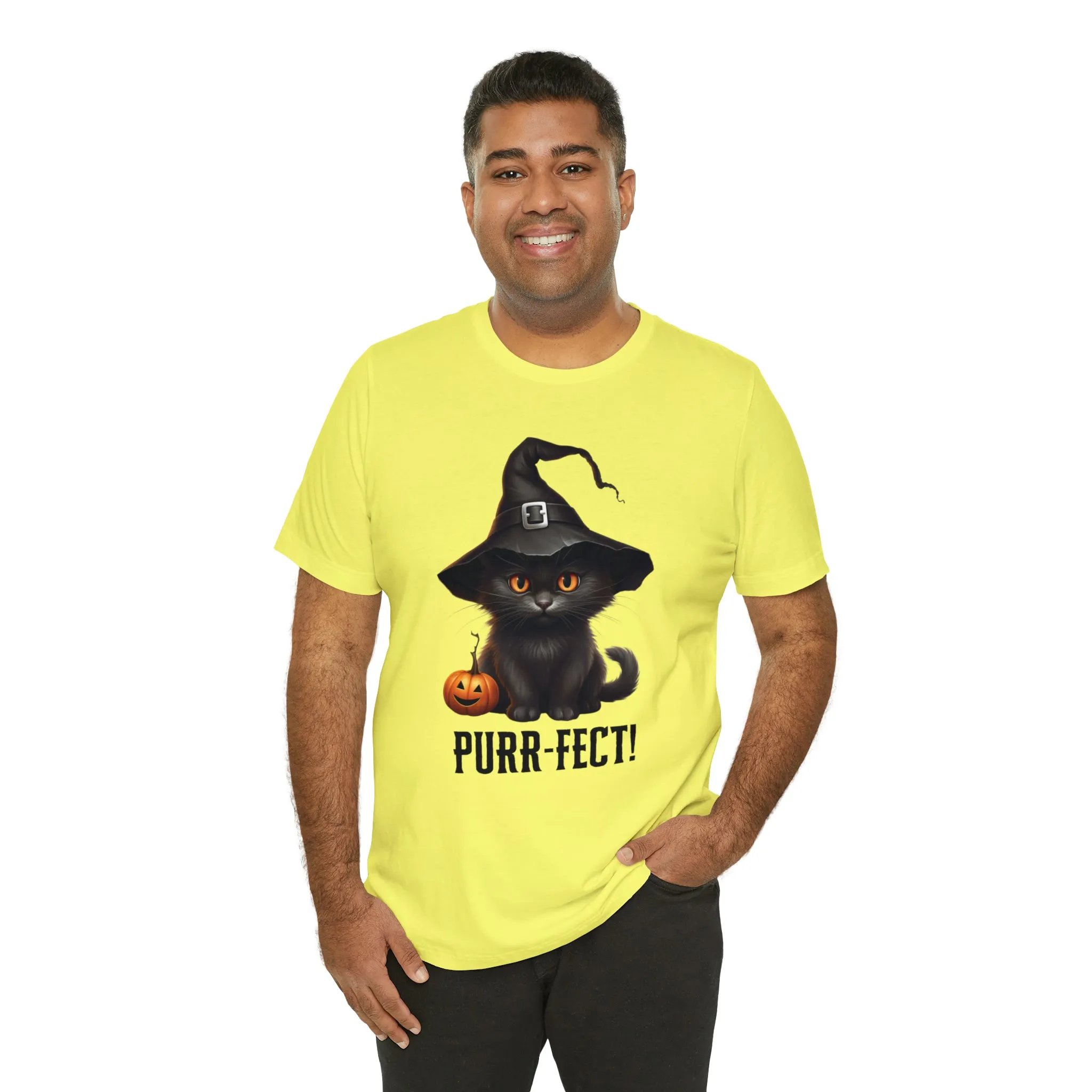 Halloween Purr-Fect Black Cat T-Shirt | Cat with Witch's Hat Tee |  Bella Canvas 3001Unisex | Funny Short Sleeve Tshirt