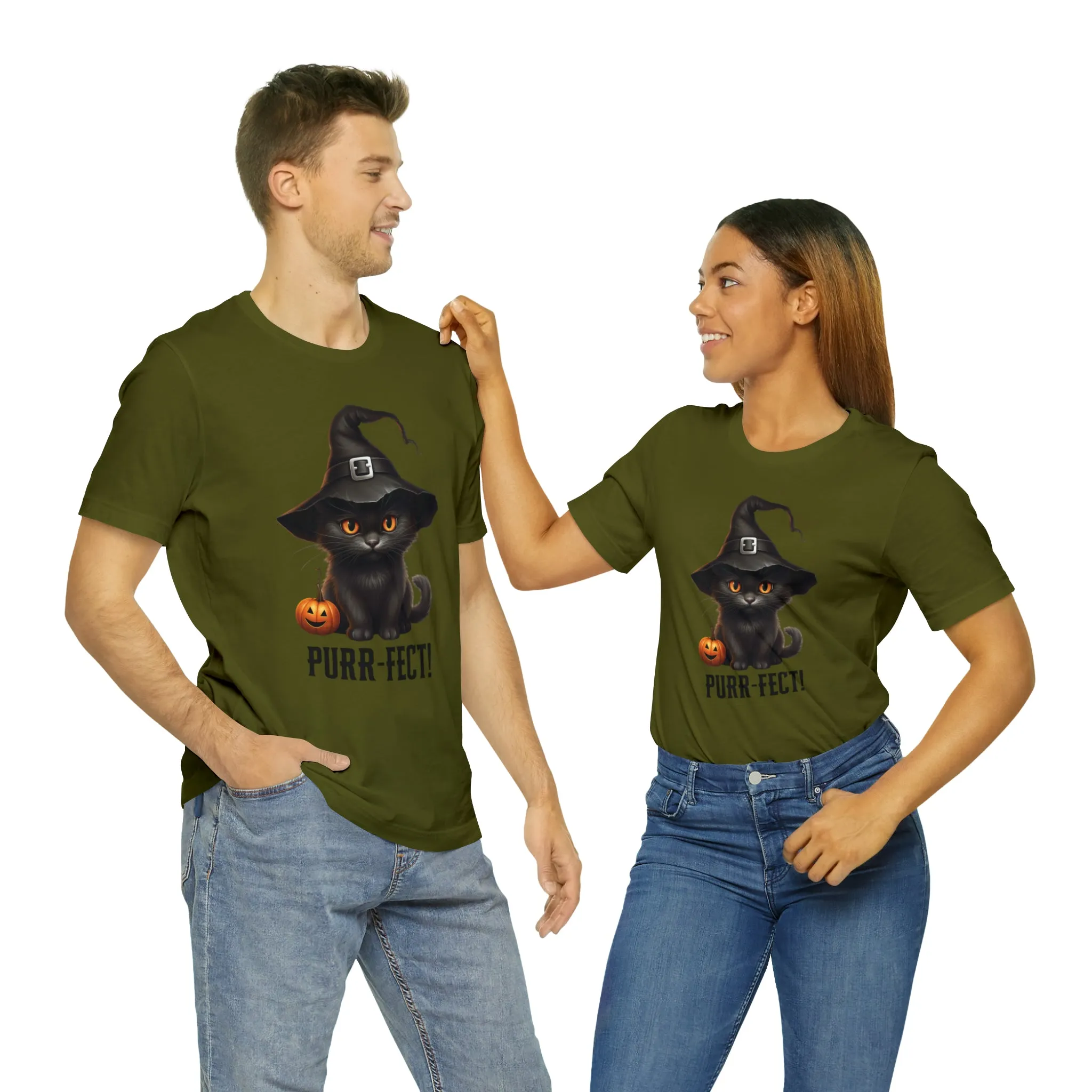 Halloween Purr-Fect Black Cat T-Shirt | Cat with Witch's Hat Tee |  Bella Canvas 3001Unisex | Funny Short Sleeve Tshirt