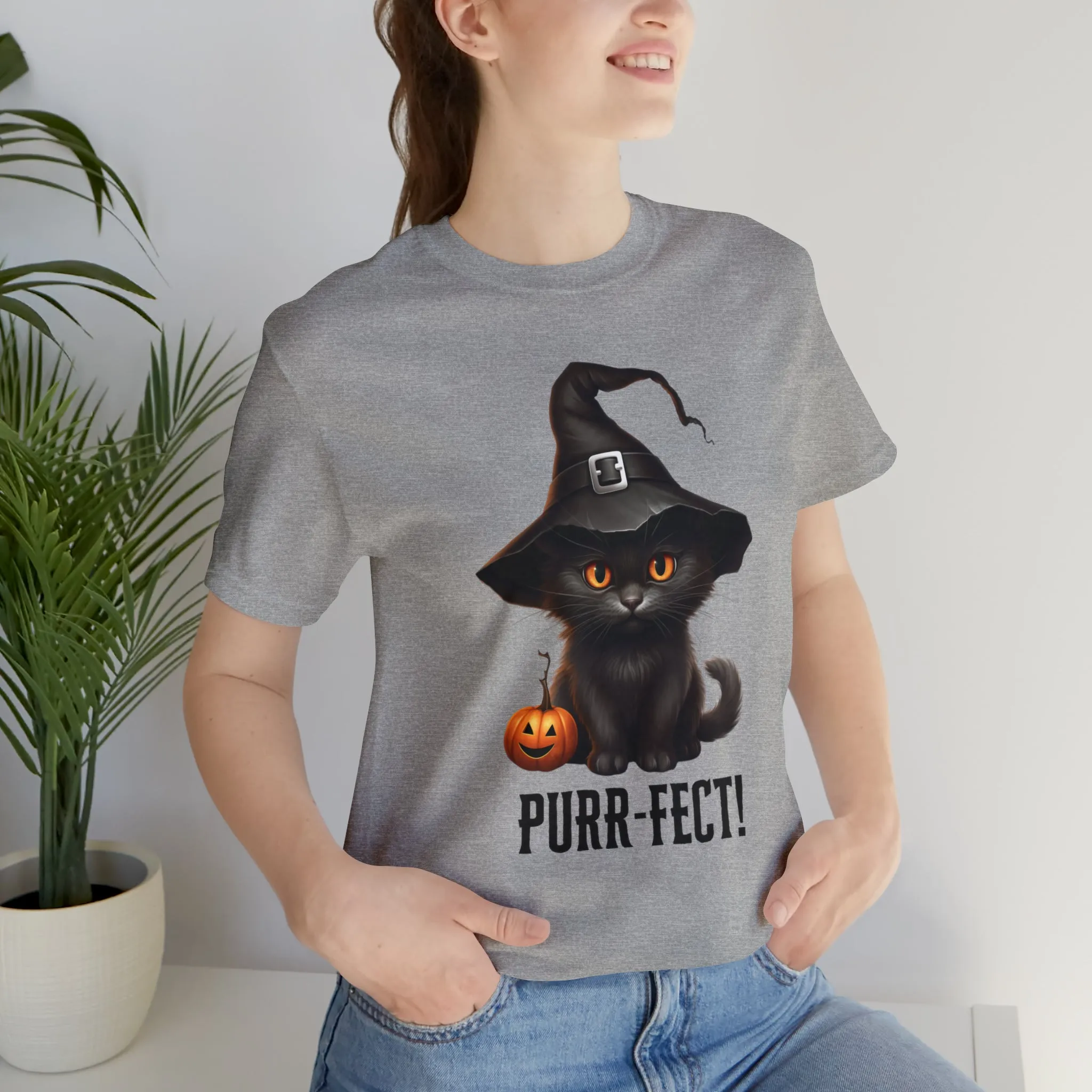 Halloween Purr-Fect Black Cat T-Shirt | Cat with Witch's Hat Tee |  Bella Canvas 3001Unisex | Funny Short Sleeve Tshirt