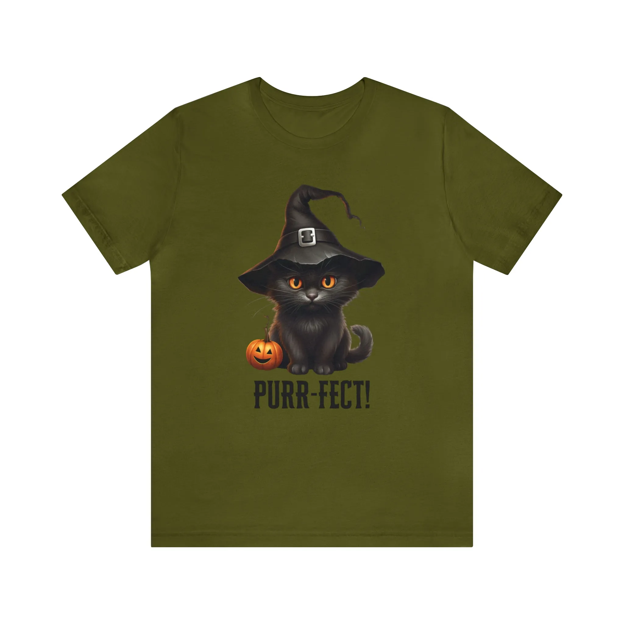 Halloween Purr-Fect Black Cat T-Shirt | Cat with Witch's Hat Tee |  Bella Canvas 3001Unisex | Funny Short Sleeve Tshirt