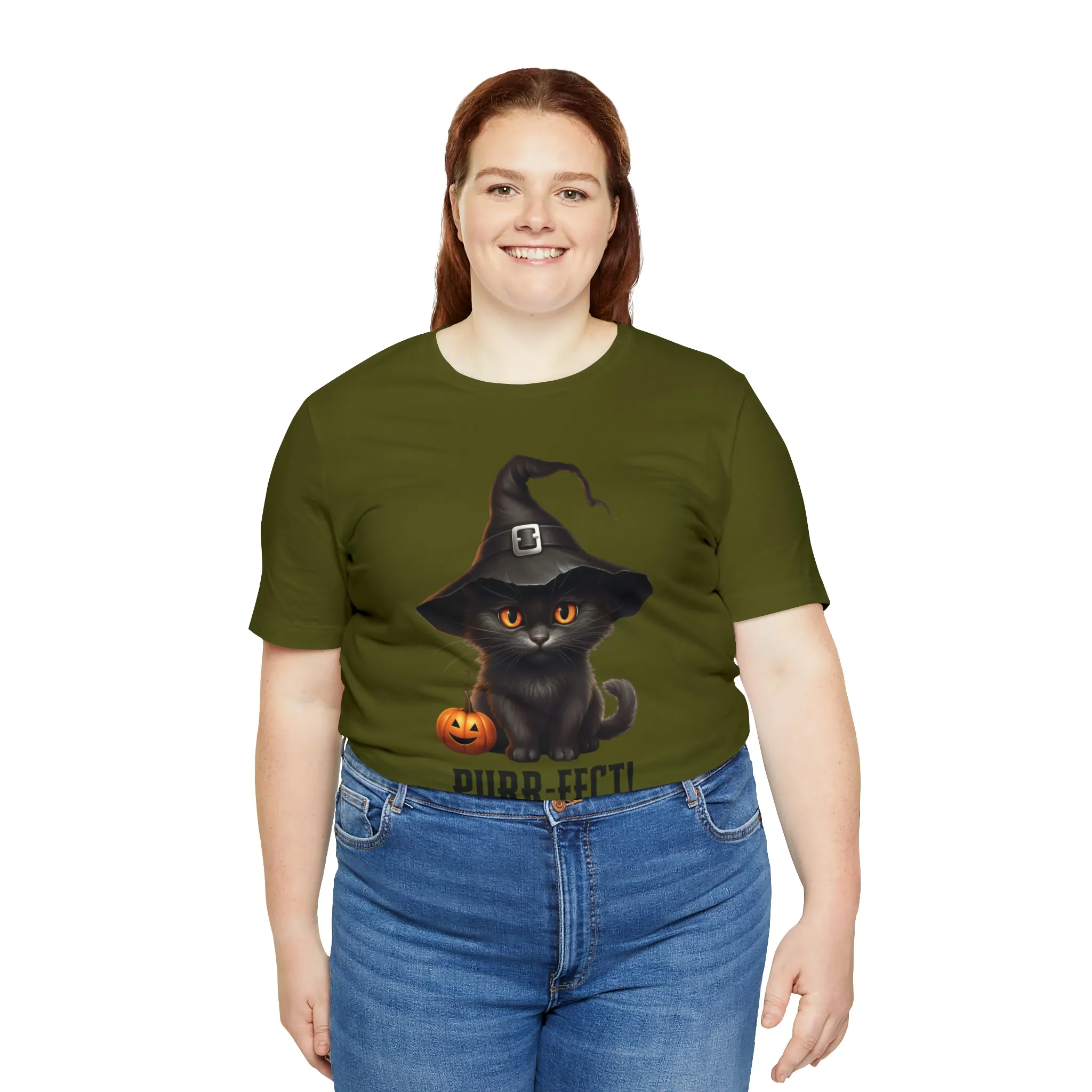 Halloween Purr-Fect Black Cat T-Shirt | Cat with Witch's Hat Tee |  Bella Canvas 3001Unisex | Funny Short Sleeve Tshirt
