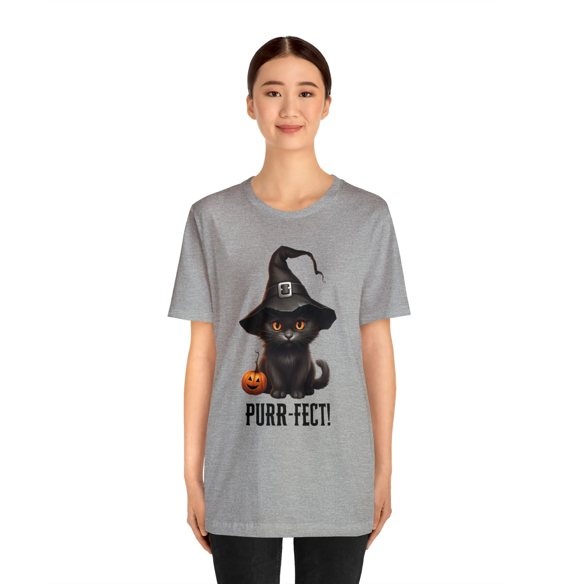 Halloween Purr-Fect Black Cat T-Shirt | Cat with Witch's Hat Tee |  Bella Canvas 3001Unisex | Funny Short Sleeve Tshirt