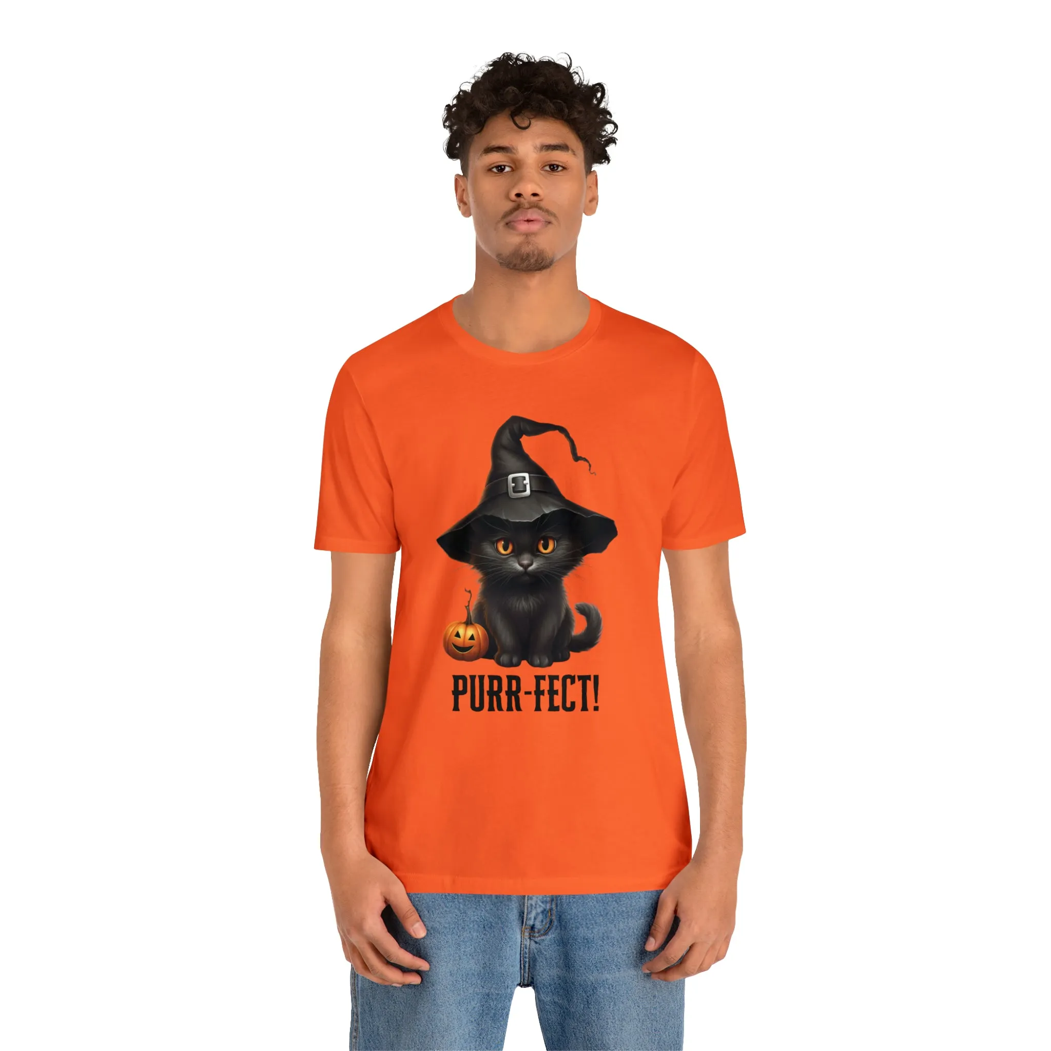 Halloween Purr-Fect Black Cat T-Shirt | Cat with Witch's Hat Tee |  Bella Canvas 3001Unisex | Funny Short Sleeve Tshirt