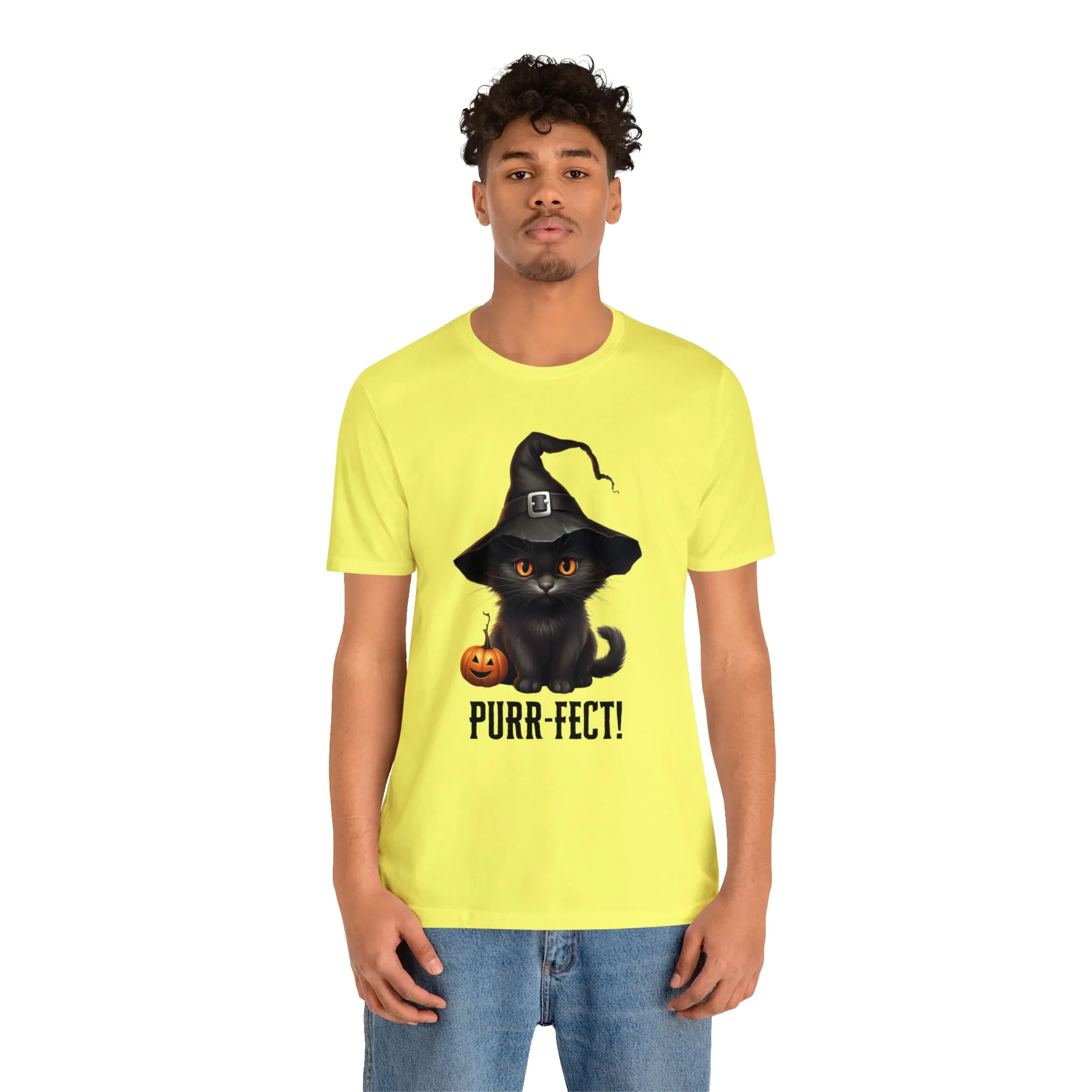 Halloween Purr-Fect Black Cat T-Shirt | Cat with Witch's Hat Tee |  Bella Canvas 3001Unisex | Funny Short Sleeve Tshirt