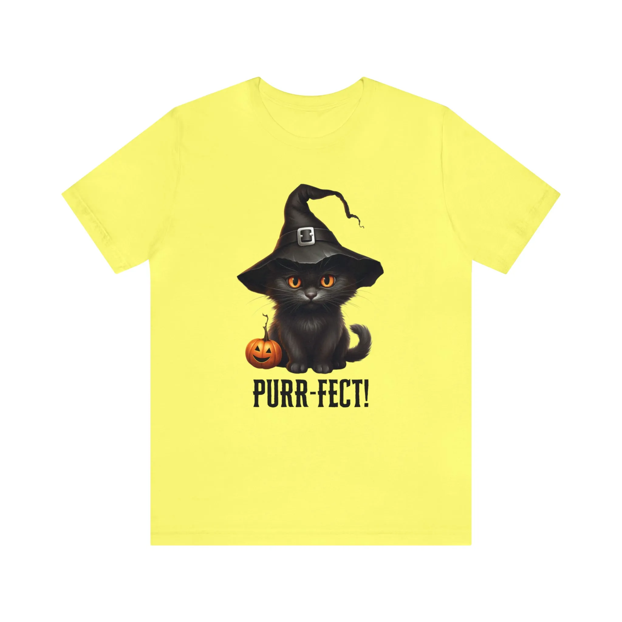 Halloween Purr-Fect Black Cat T-Shirt | Cat with Witch's Hat Tee |  Bella Canvas 3001Unisex | Funny Short Sleeve Tshirt