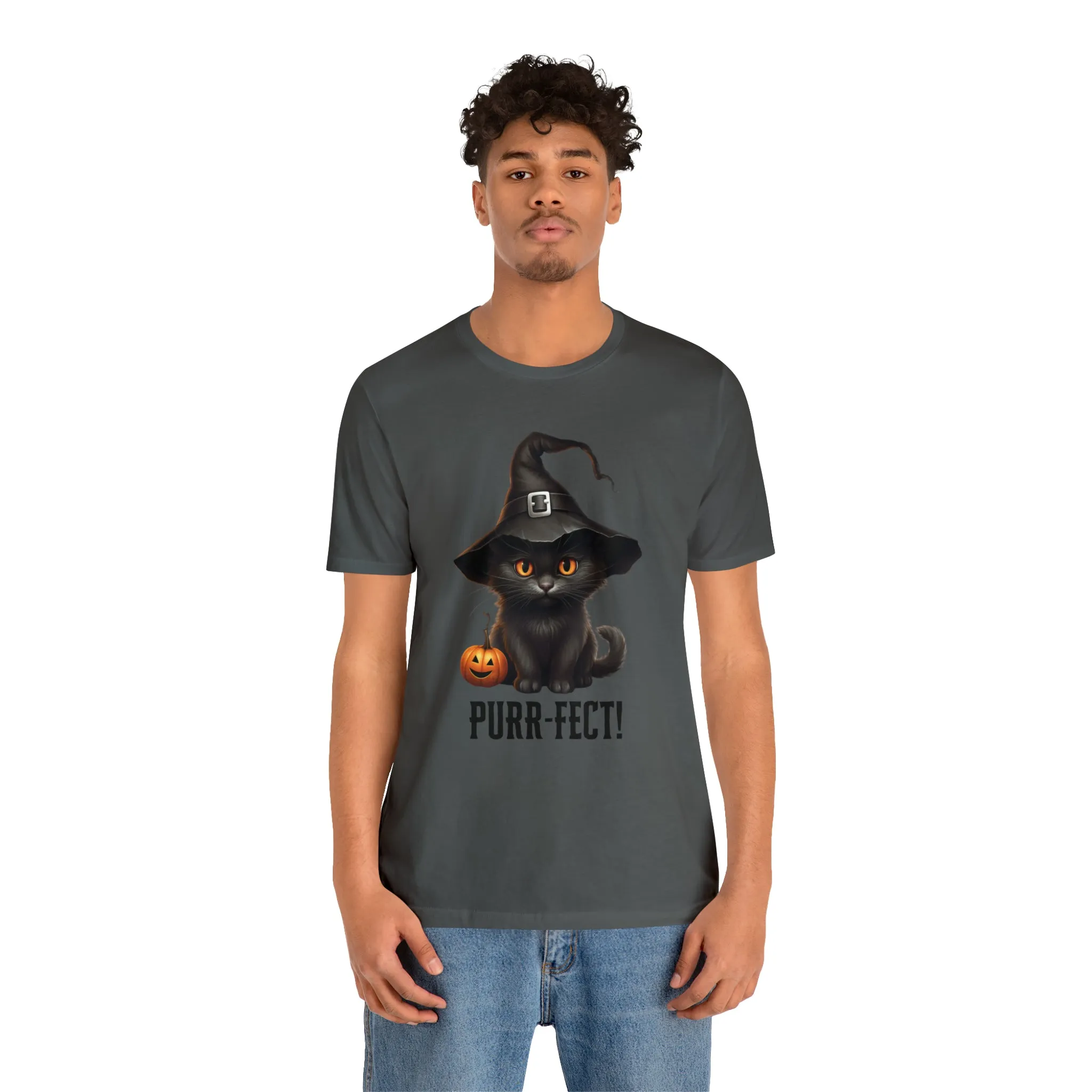 Halloween Purr-Fect Black Cat T-Shirt | Cat with Witch's Hat Tee |  Bella Canvas 3001Unisex | Funny Short Sleeve Tshirt