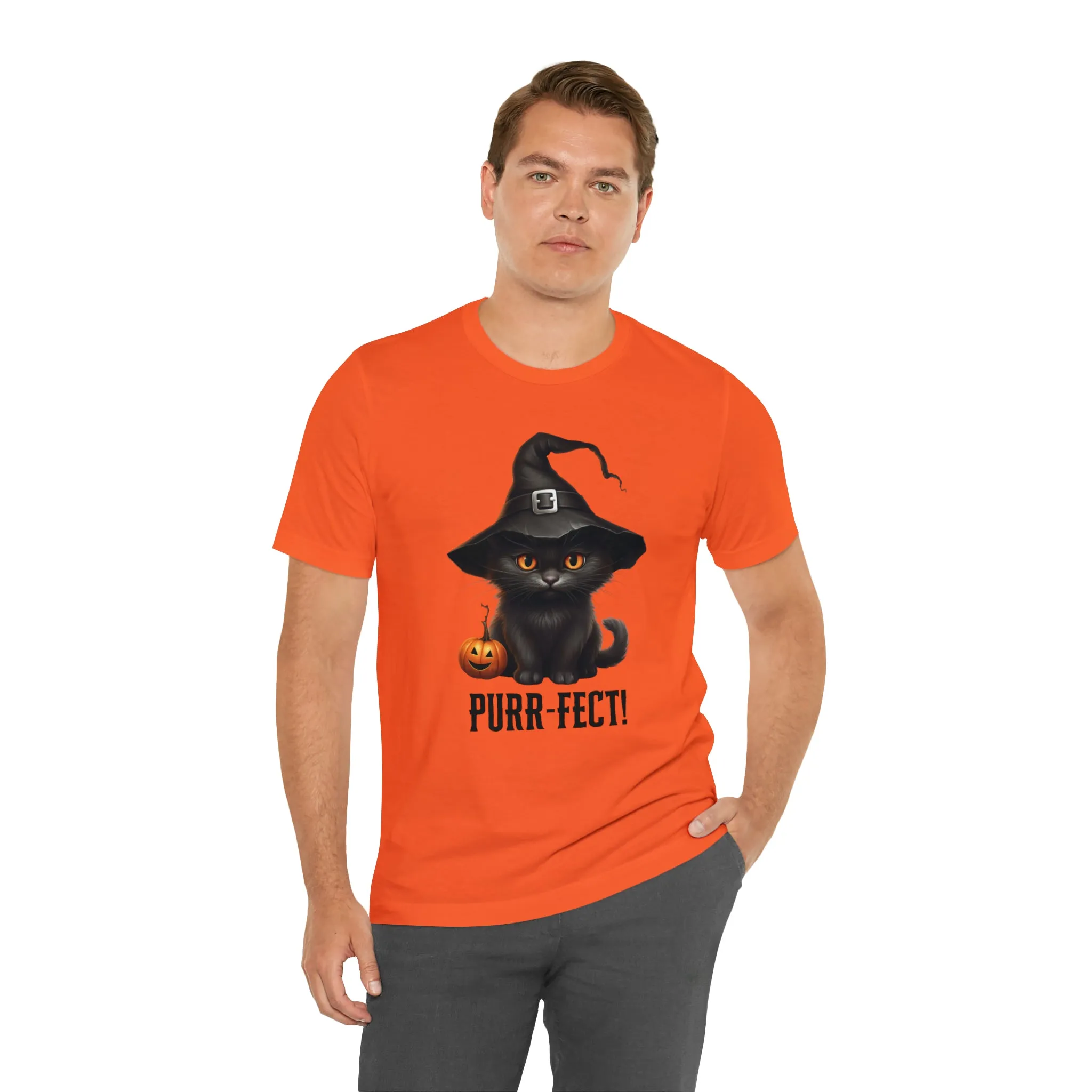 Halloween Purr-Fect Black Cat T-Shirt | Cat with Witch's Hat Tee |  Bella Canvas 3001Unisex | Funny Short Sleeve Tshirt