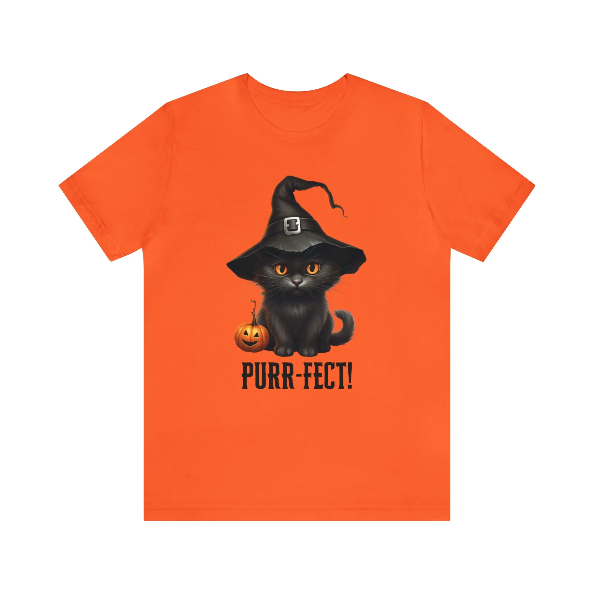 Halloween Purr-Fect Black Cat T-Shirt | Cat with Witch's Hat Tee |  Bella Canvas 3001Unisex | Funny Short Sleeve Tshirt