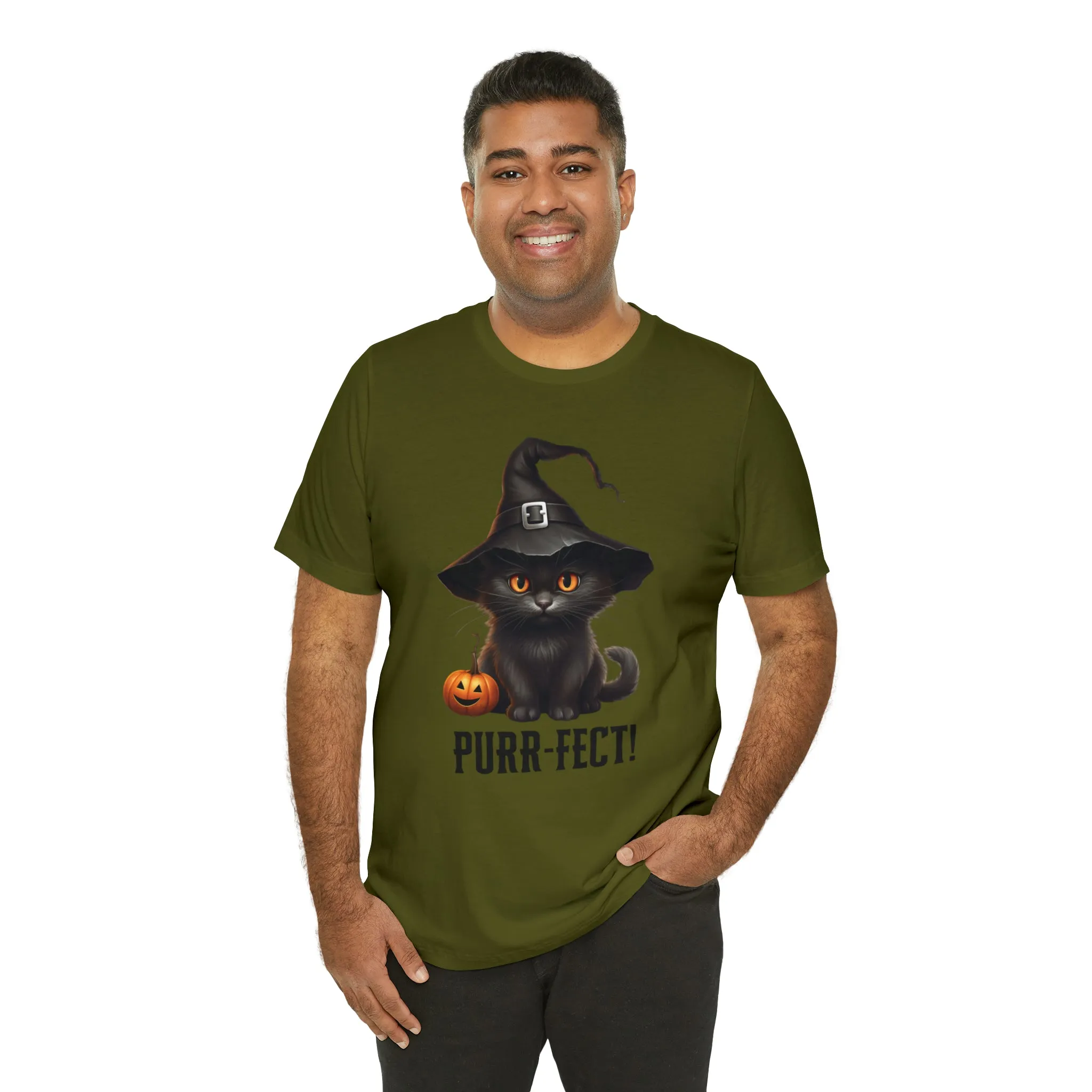 Halloween Purr-Fect Black Cat T-Shirt | Cat with Witch's Hat Tee |  Bella Canvas 3001Unisex | Funny Short Sleeve Tshirt