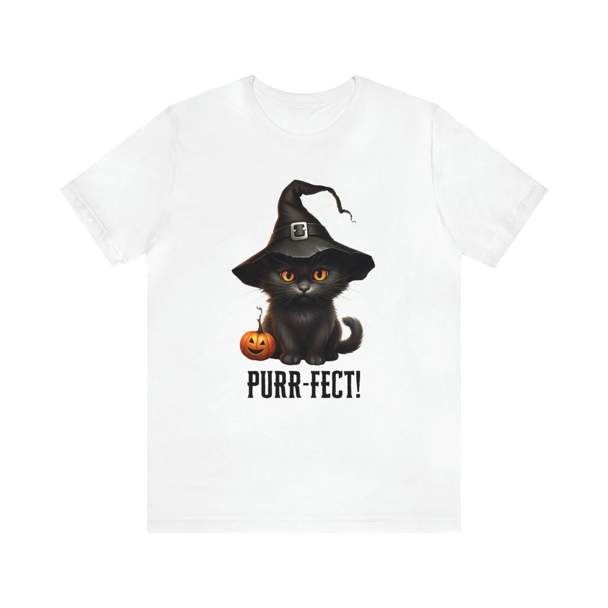 Halloween Purr-Fect Black Cat T-Shirt | Cat with Witch's Hat Tee |  Bella Canvas 3001Unisex | Funny Short Sleeve Tshirt