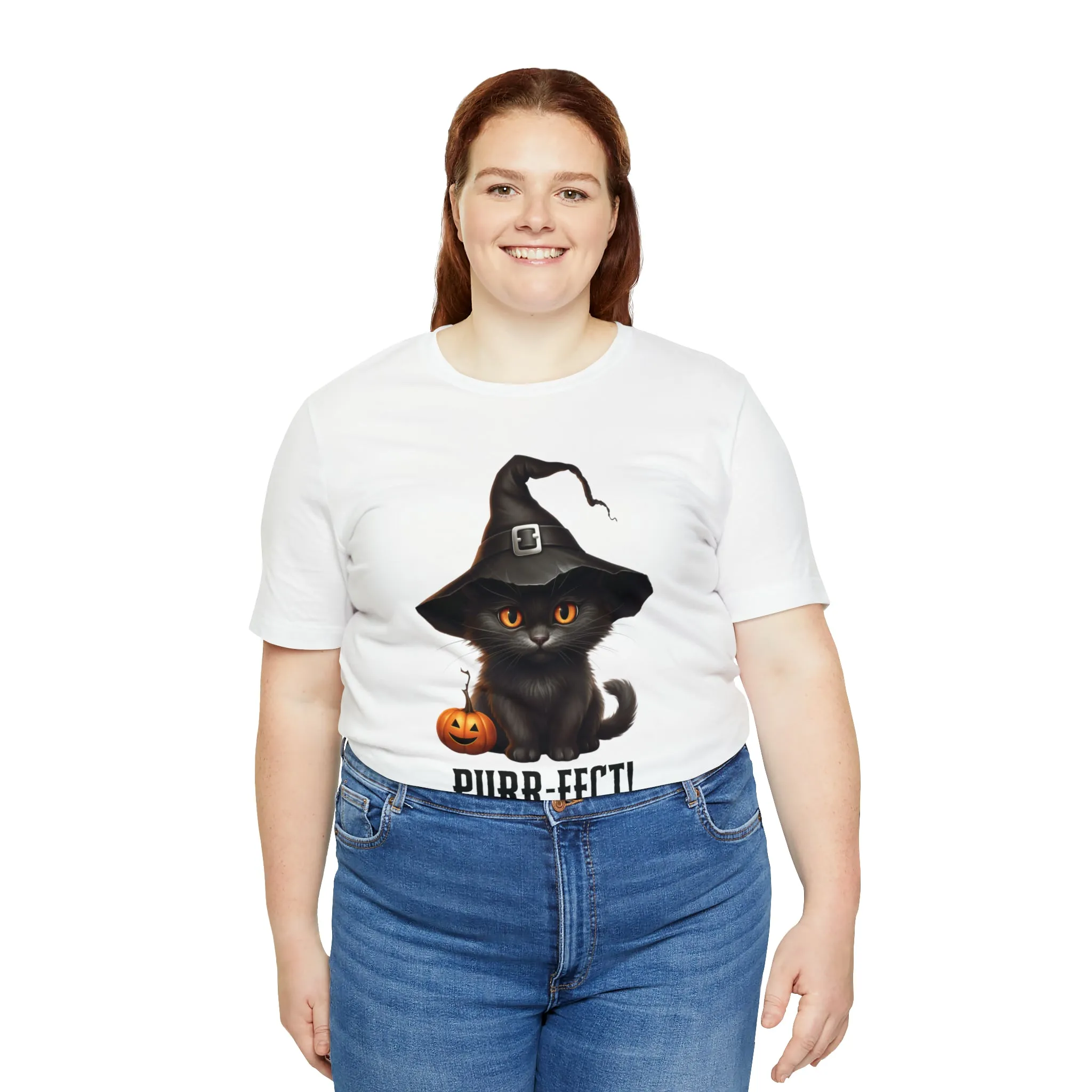 Halloween Purr-Fect Black Cat T-Shirt | Cat with Witch's Hat Tee |  Bella Canvas 3001Unisex | Funny Short Sleeve Tshirt