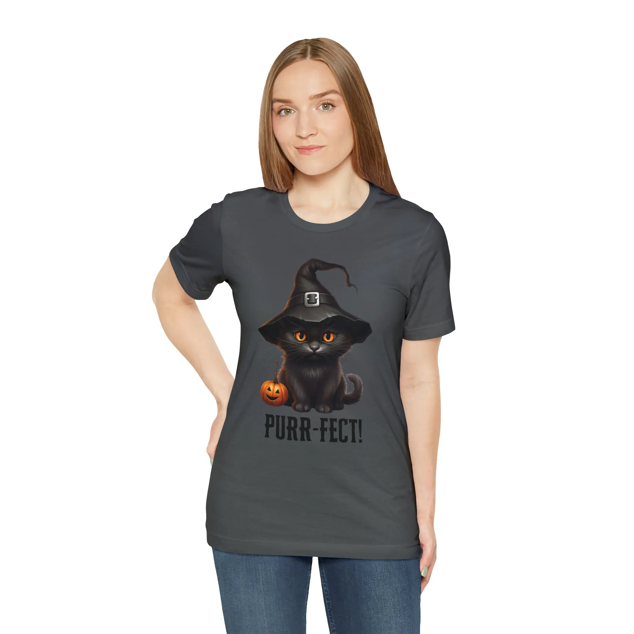 Halloween Purr-Fect Black Cat T-Shirt | Cat with Witch's Hat Tee |  Bella Canvas 3001Unisex | Funny Short Sleeve Tshirt