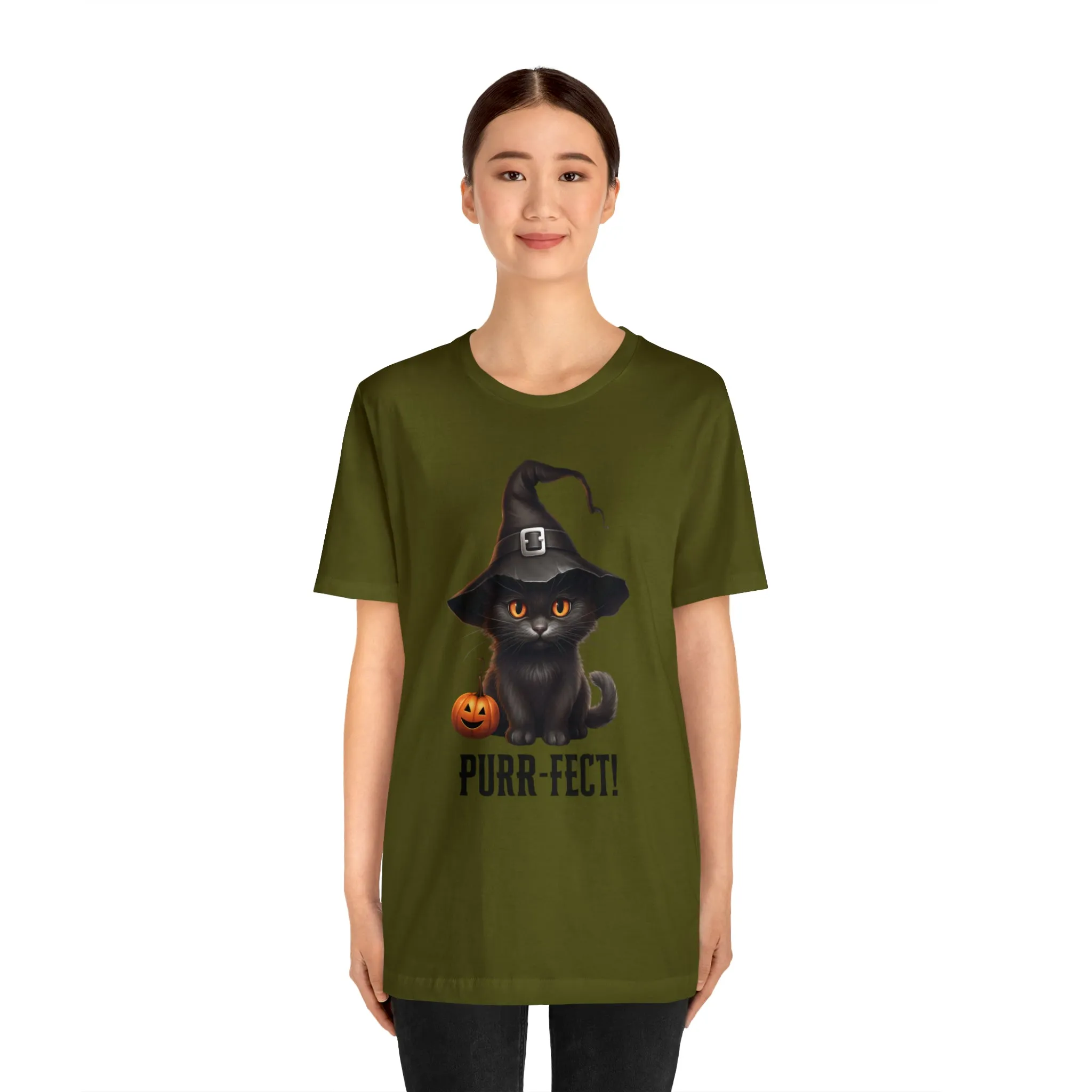 Halloween Purr-Fect Black Cat T-Shirt | Cat with Witch's Hat Tee |  Bella Canvas 3001Unisex | Funny Short Sleeve Tshirt