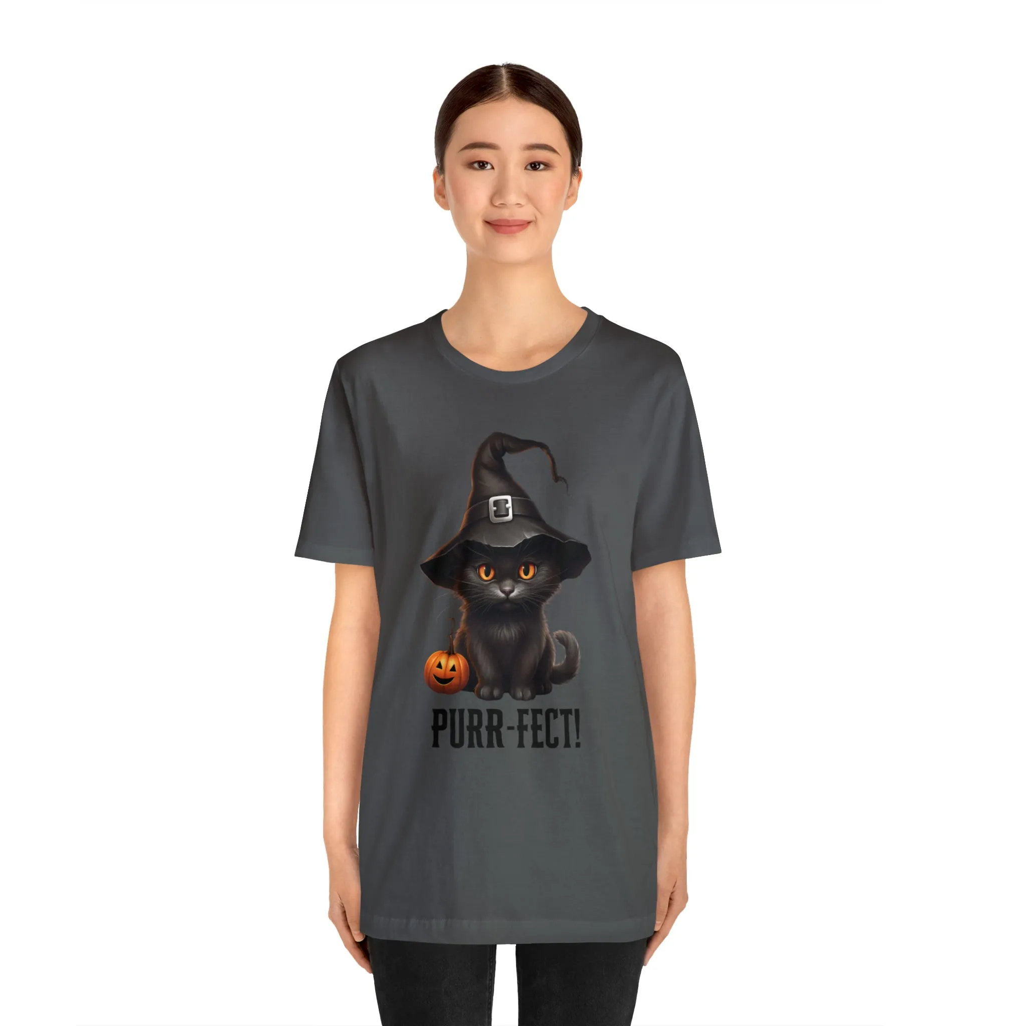 Halloween Purr-Fect Black Cat T-Shirt | Cat with Witch's Hat Tee |  Bella Canvas 3001Unisex | Funny Short Sleeve Tshirt