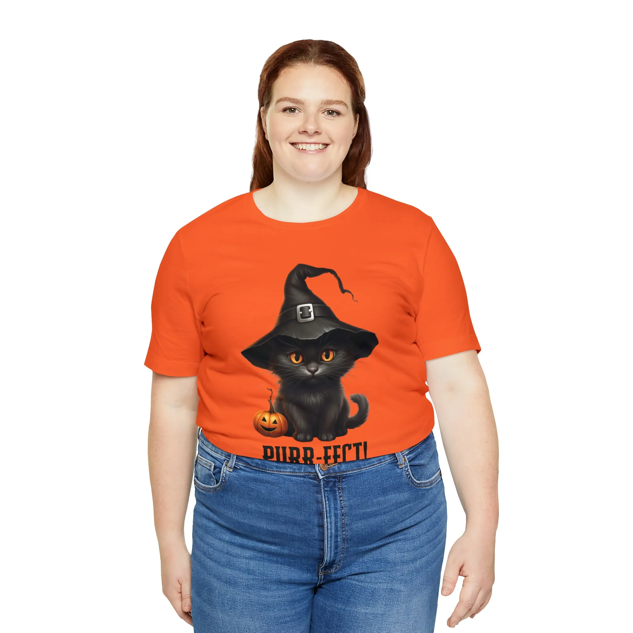 Halloween Purr-Fect Black Cat T-Shirt | Cat with Witch's Hat Tee |  Bella Canvas 3001Unisex | Funny Short Sleeve Tshirt