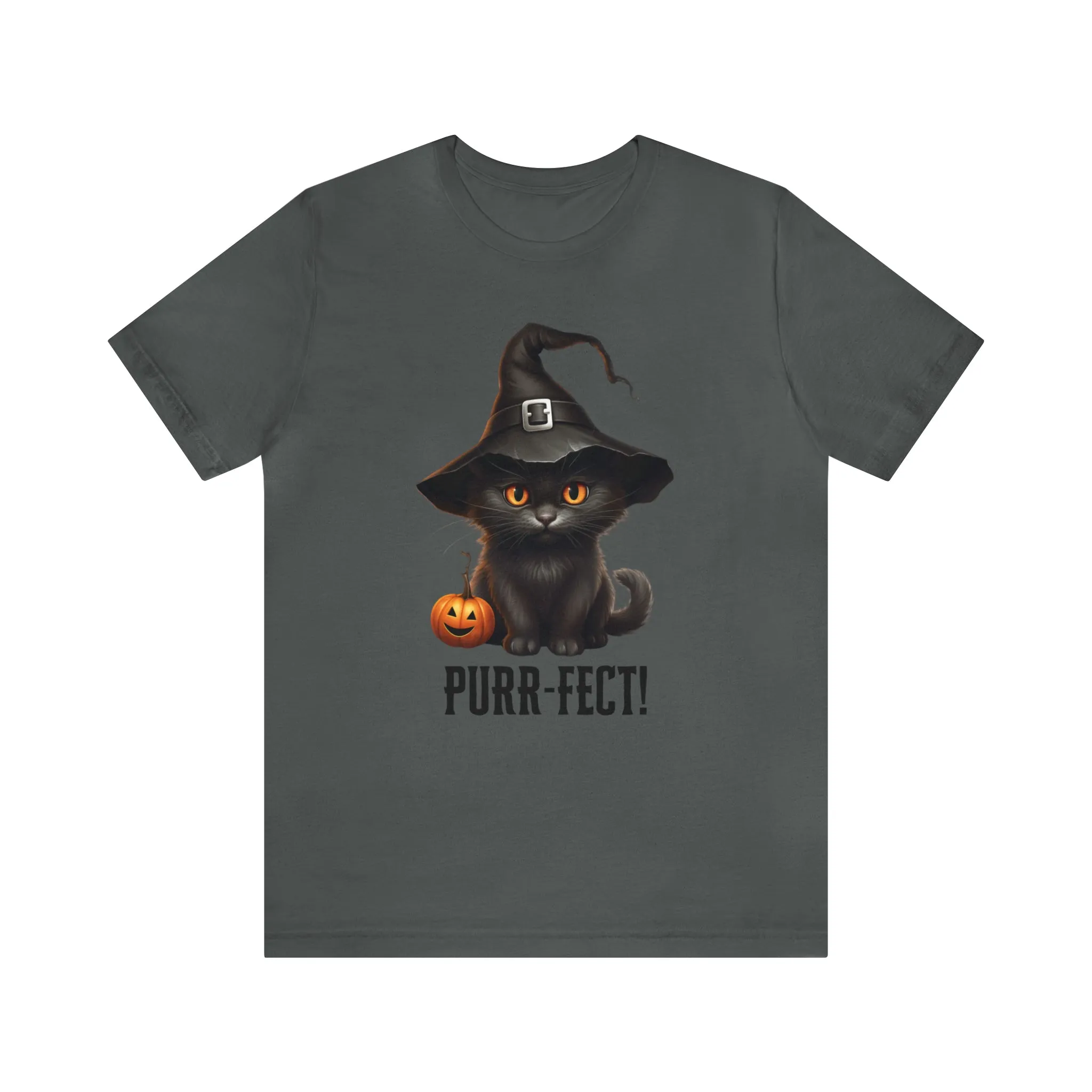 Halloween Purr-Fect Black Cat T-Shirt | Cat with Witch's Hat Tee |  Bella Canvas 3001Unisex | Funny Short Sleeve Tshirt