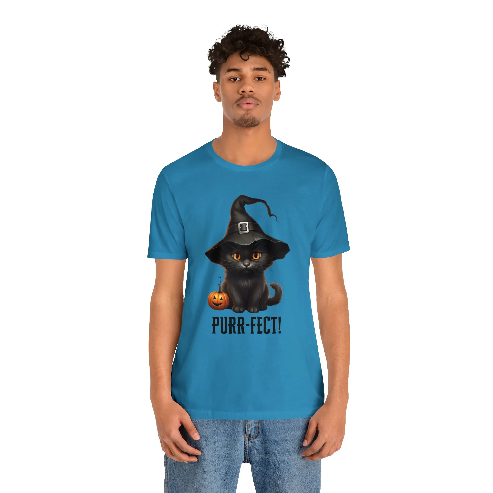 Halloween Purr-Fect Black Cat T-Shirt | Cat with Witch's Hat Tee |  Bella Canvas 3001Unisex | Funny Short Sleeve Tshirt